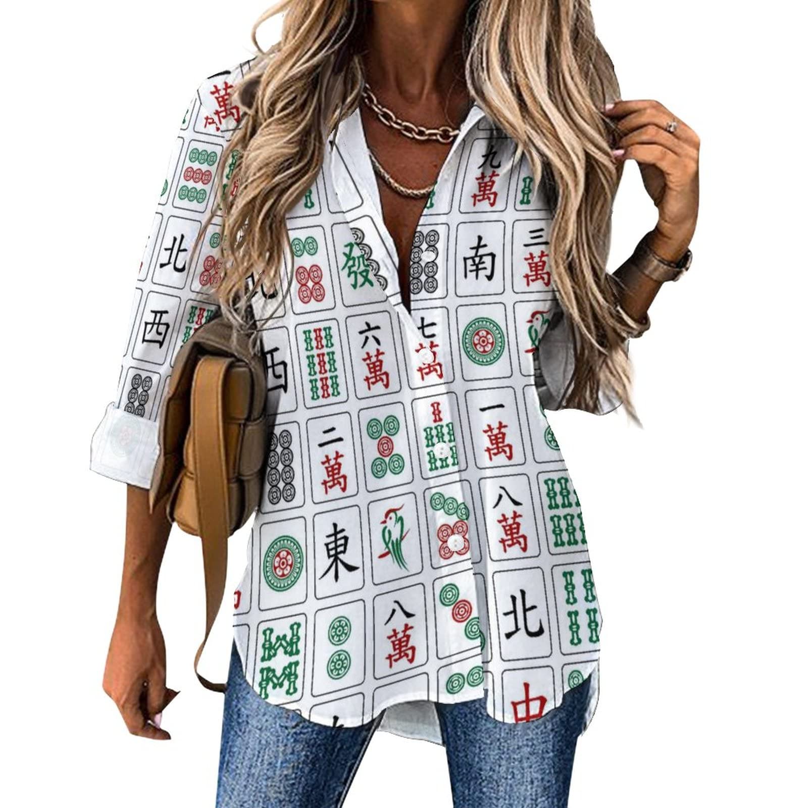 BAIKUTOUANChinese Mahjong Women's Shirt Long Sleeve Button Down Blouse V Neck Casual Shirts Tops