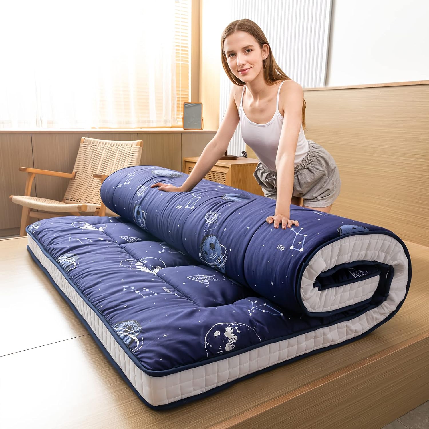 MAXYOYO Navy Space Adventure Futon Mattress, Padded Japanese Floor Mattress Quilted