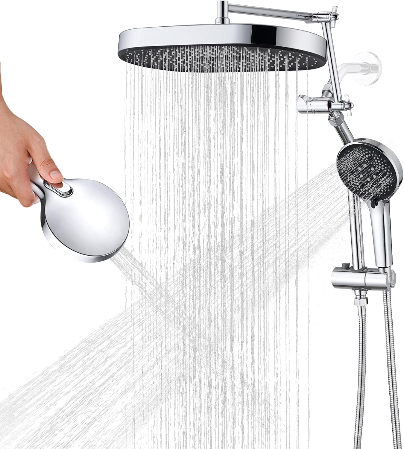 14" x 8" Rectangle High Pressure Rainfall Shower Head with Handheld Combo, 6 Setting Handheld Shower Head, Adjustable Height Shower Extension Arm and Slide Bar for Easy Reach - Chrome 14 Inch x 8 Inch Chrome