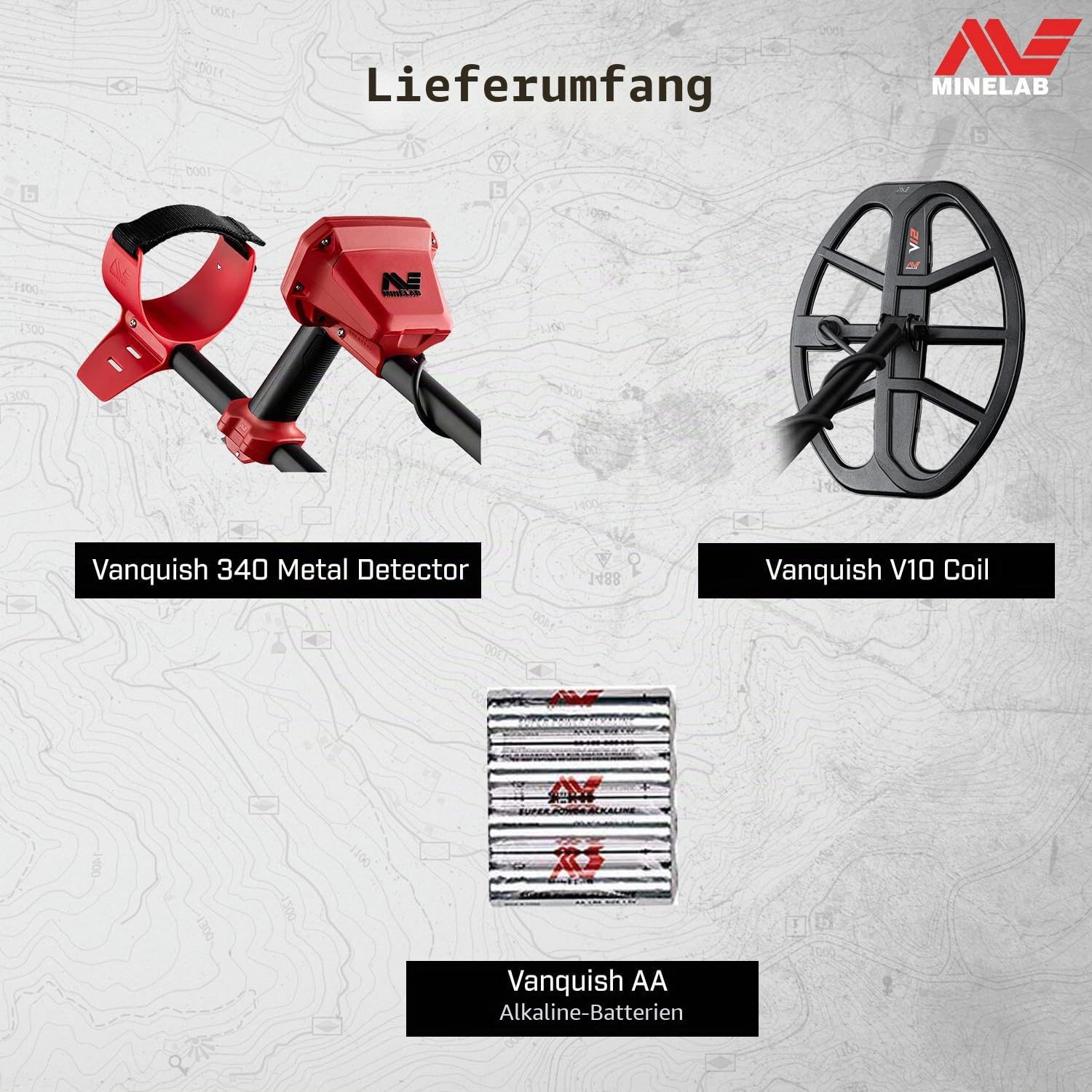 Minelab Vanquish 340 Multifrequenz Auto-Select Metalldetektor für Erwachsene mit der Wasserdichten V10 10“x7“ Doppel-D-Spule (3 Suchmodi)