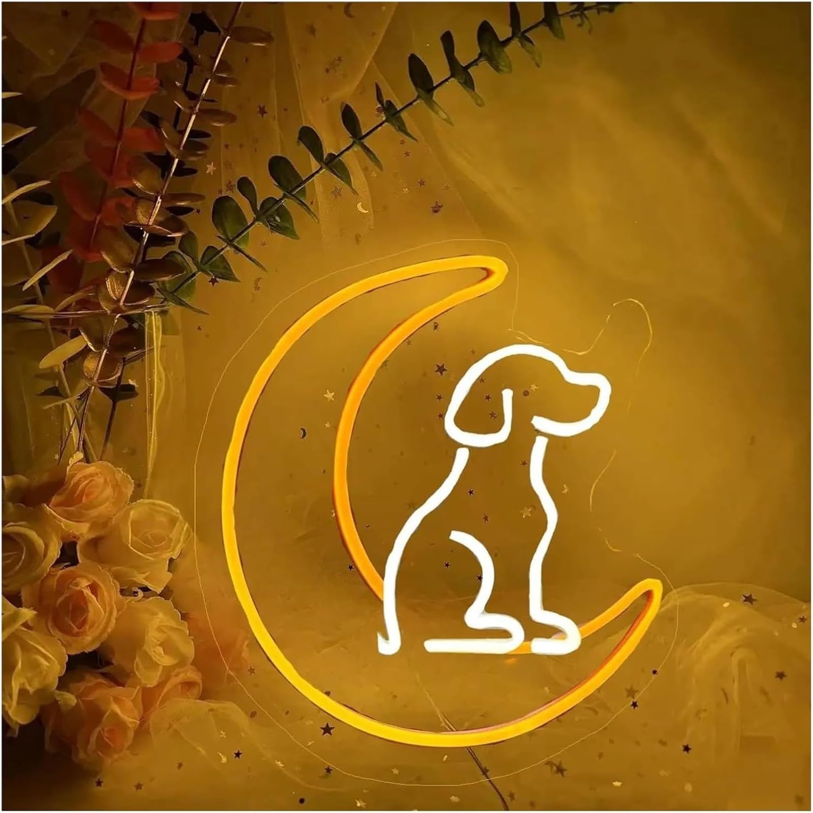 Insegna al neon a forma cane con per luna, decorazione da parete per camera letto soggiorno bambini 34x35cm