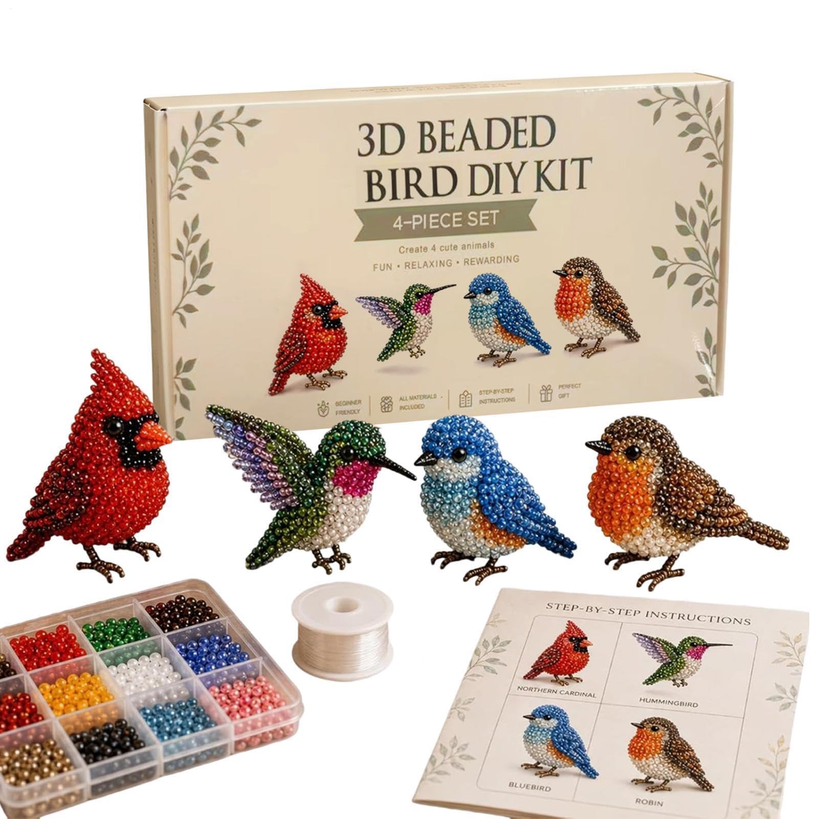 Set de Animales con Abalorios, Kit de Animales con Cuentas, Paquete 4 pequeños Kits Bordado 3D, Juego Manualidades Hecho a Mano y pájaros en(A)