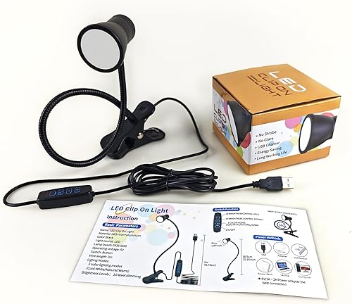 Miniatura 9 de LUJOLUMIN - Lámpara de escritorio con clip, luz de lectura USB, luz de abrazadera LED flexible para el cuello con 3 opciones de temperatura de