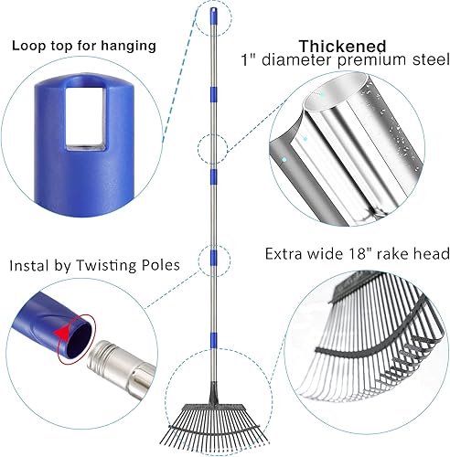 Miniatura 3 de Rastrillo de hojas de jardín, rastrillo para arbustos para hojas, mango largo, resistente, rastrillo de metal de 18 pulgadas de ancho para