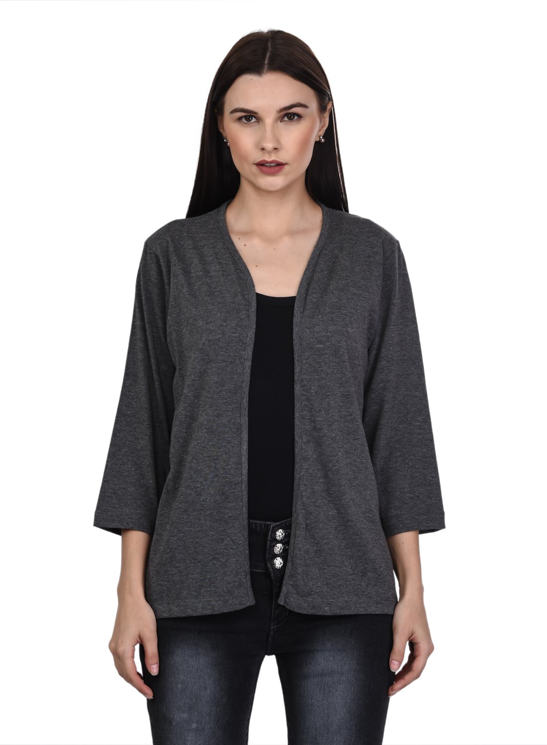 kalt Women's 3/4th Sleeves Open Plain Shrug(Dark Grey Melange)-picture-17