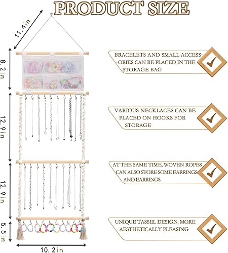Miniatura 2 de Organizador de joyas colgante de macramé con 30 ganchos montado en la pared, colgador de joyas sobre la puerta, estante para collares con borla para