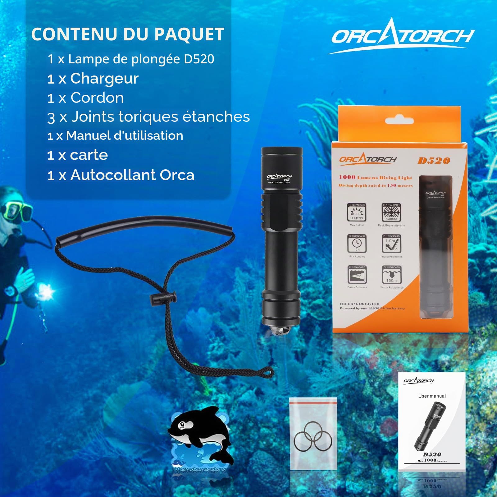 ORCATORCH D520 Lampe de Plongée Rechargeable, 1000 Lumens Lampe de Plongée Sous Marine, IPX-8 Torche de Plongée, Lampe de Poche Batterie étanche à 150 M