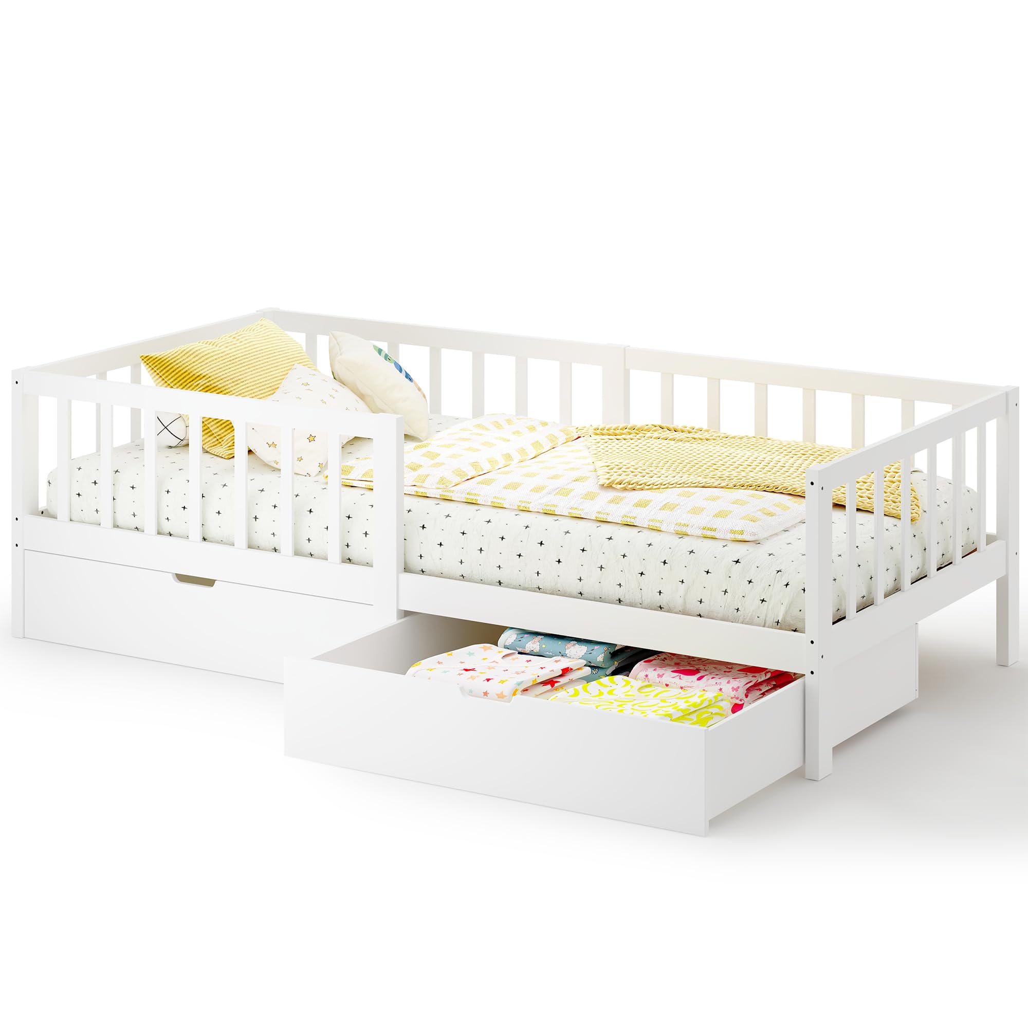 Xbro Letto per bambini 100×200 cm con cassetto, sponda anticaduta e rete a doghe, adatto anche per adolescenti, facile da montare, colore bianco