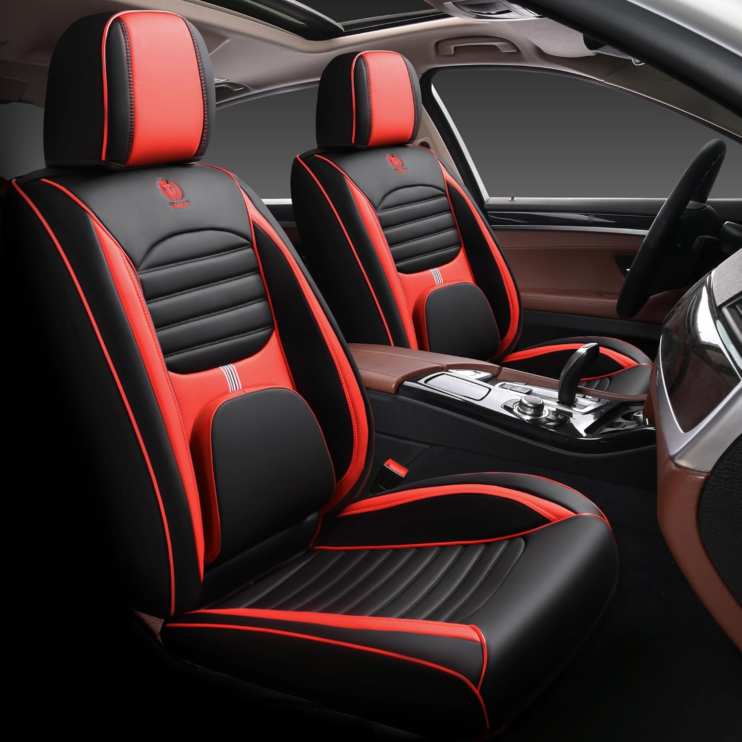 BGYFDU03 Seat Cover, Universal Type, Suitable for Most Cars Pickup Ttrucks Airbags Compatible with Synthetic Leather Car Seat Cushion Protectors (Black-red 02)