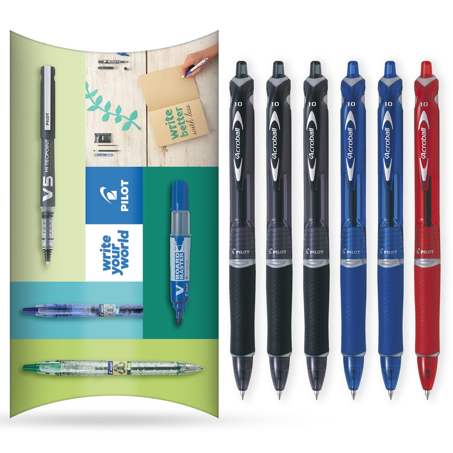 PILOT Acroball Retractable Ballpoint Pen, Begreen Range 79% Recycled, Pack of 6 Pens, Medium 1.0mm Nib