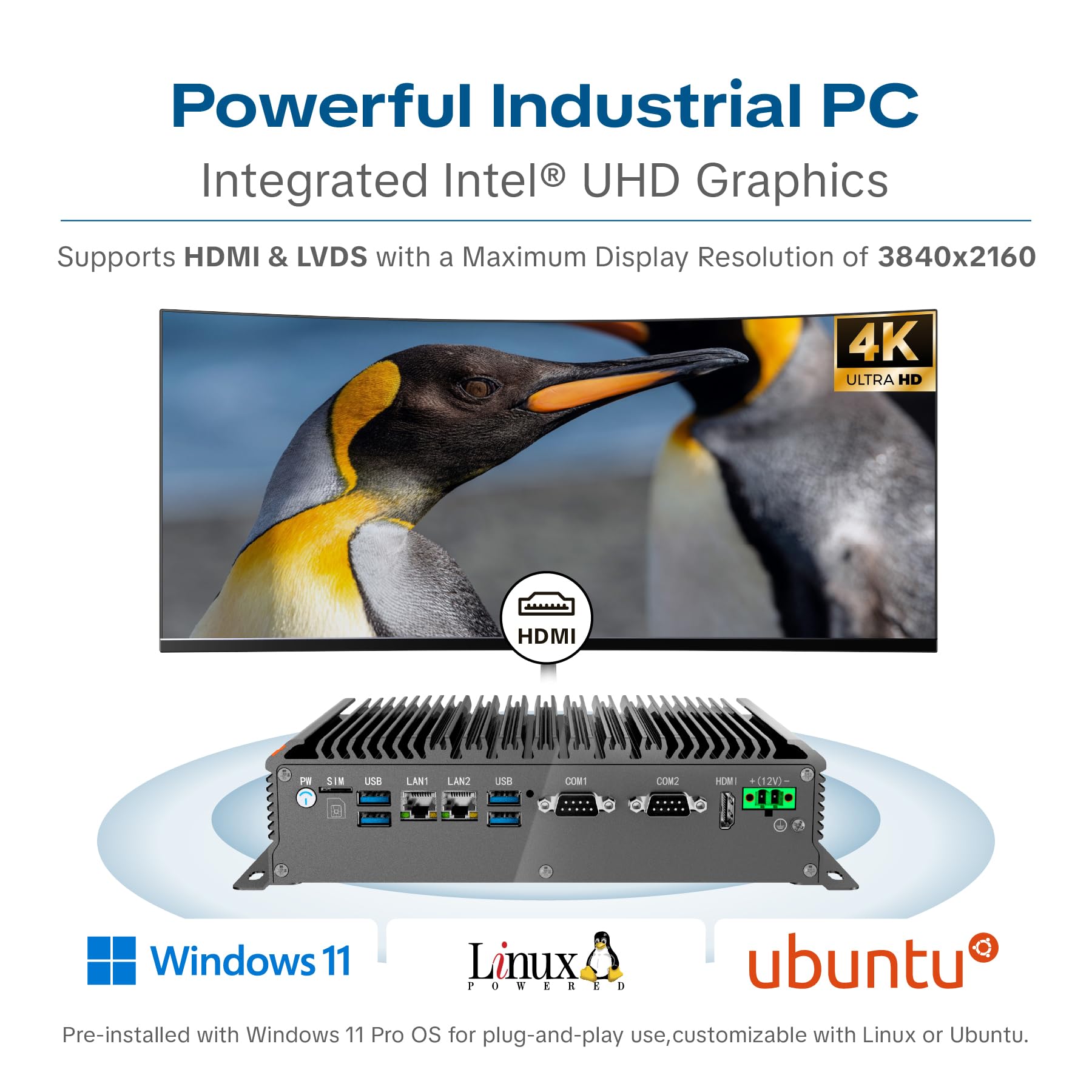 Mini PC Industriale Senza Ventole,Windows 11 Pro Fanless Computer,Core i7-1255U,16GB RAM,512GB SSD,WiFi/BT,HDMI 4K,2×LAN,4×RS232,2×RS485,6×USB,GPIO,LVDS,TPM 2.0,Accensione Automatica