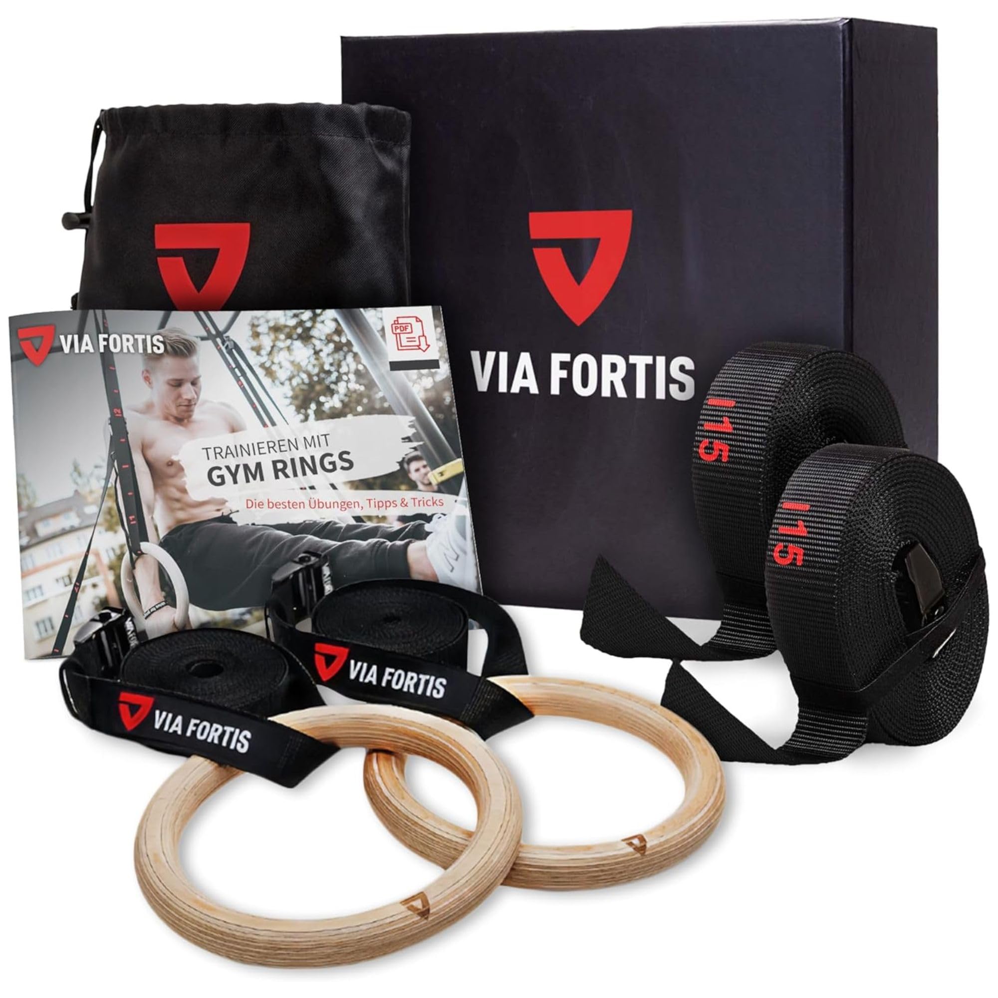 VIA FORTIS Anneaux de Gymnastique Premium en Bois avec Sangles, Sac et Guide d'Entraînement - Anneaux de Gym pour Calisthenics & Crossfit - Version de Compétition - Sangles Extra Larges avec Repères