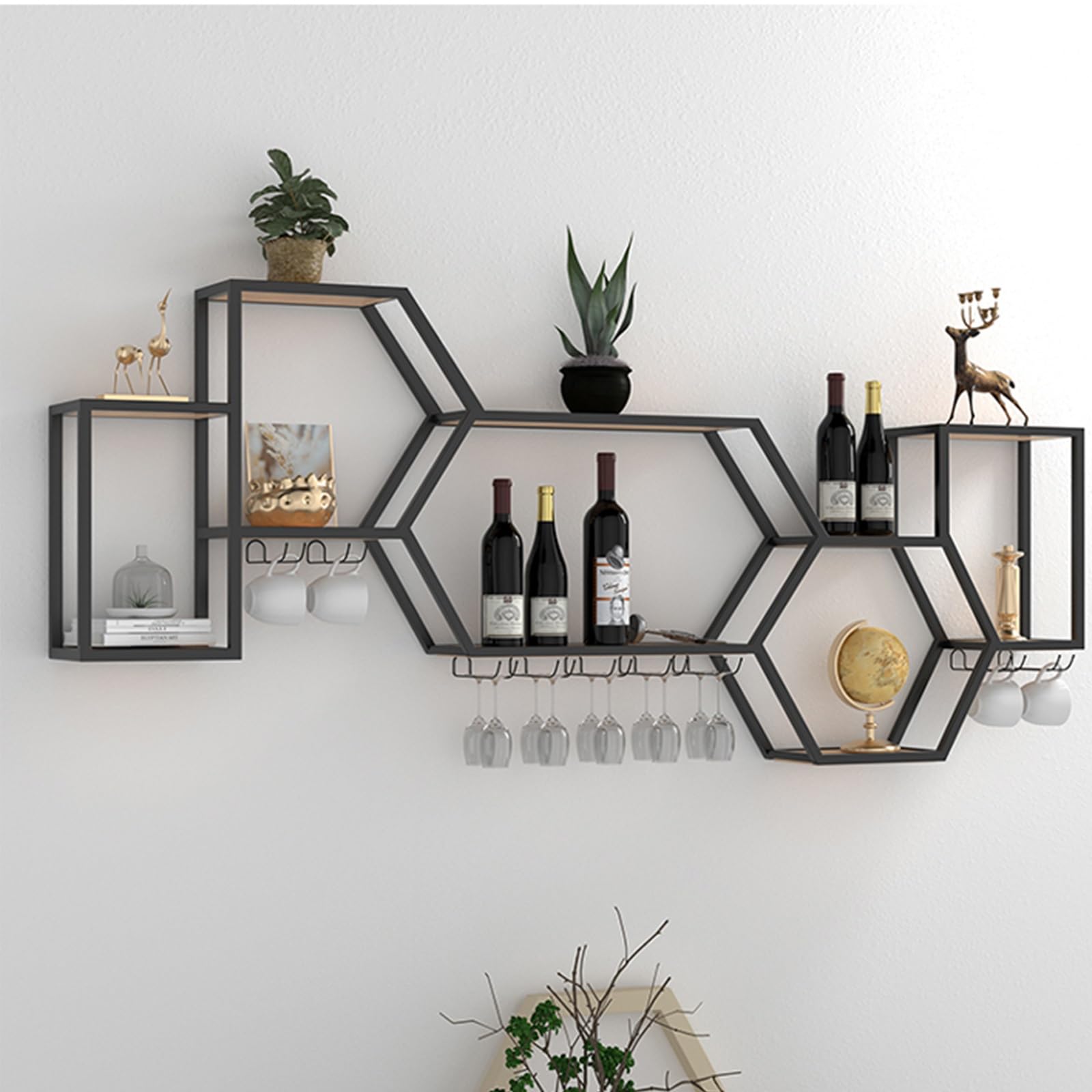 Étagères à vin murales avec lumière LED et présentoir bouteille alcool en métal industriel