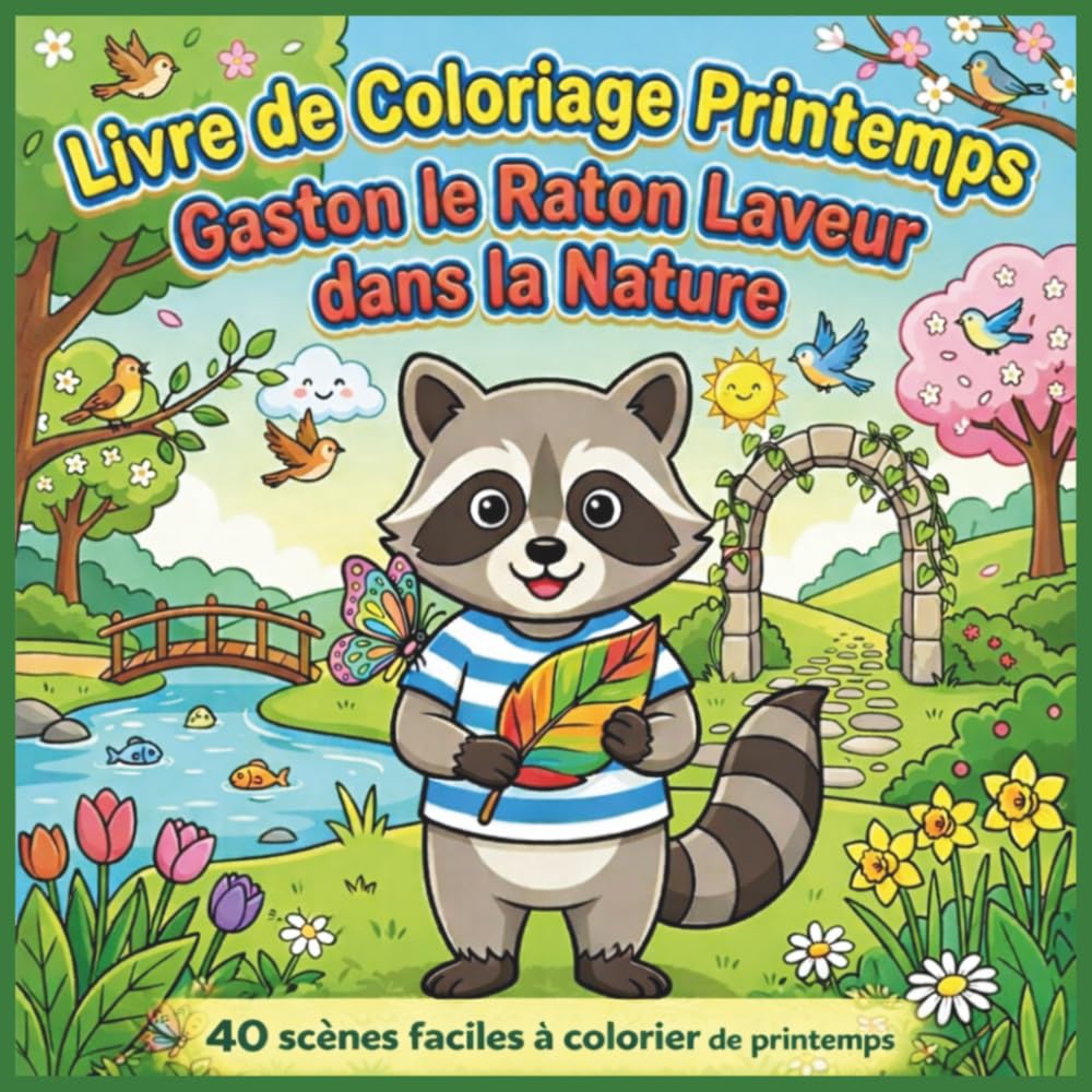 Livre de Coloriage Printemps : Gaston le Raton Laveur dans la Nature: 40 scènes faciles à colorier avec fleurs, animaux et paysages de printemps – ... et adultes (Coloriages Magiques pour Enfants)