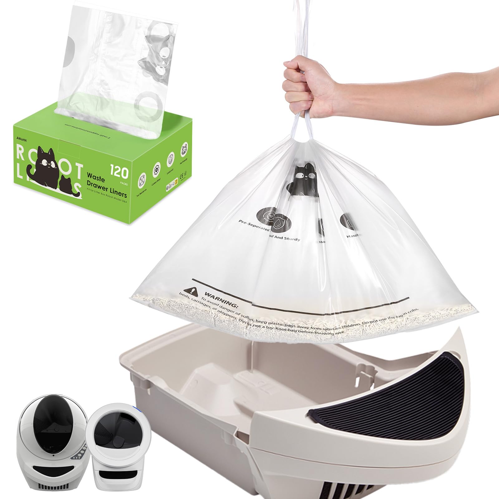 120 Pack Automatic Litter Box Bags Fit for Litter Box Robot 5/4/3, Heavy Duty Drawstring Waste Bags, Sensor-Compatible, Tear Resistant, Pop-Up Dispenser, Clear, 25.2" x 15.7"