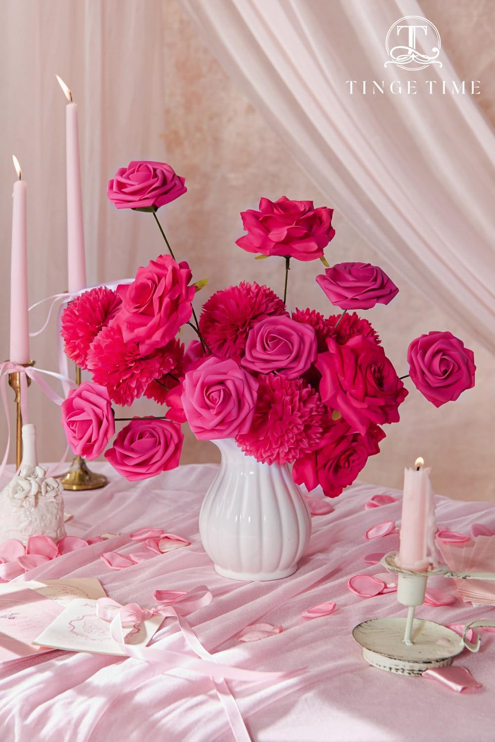 TINGE TIME Rose Artificial Flowers Combo, 23pcs Hot Pink Gradient Fake Flowers Chrysanthemum with Stems for DIY Wedding Bouquets Table Centerpieces Baby Shower Party Home Decorations