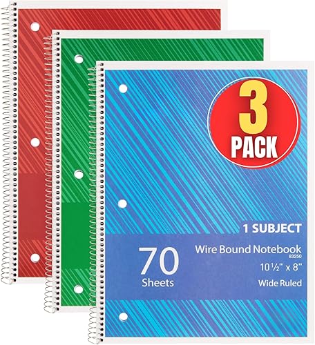 1InTheOffice Cuaderno de espiral con rayas universitarias, cuaderno de espiral de un tema, cuaderno encuadernado en espiral, 10.5 x 8 pulgadas, 3