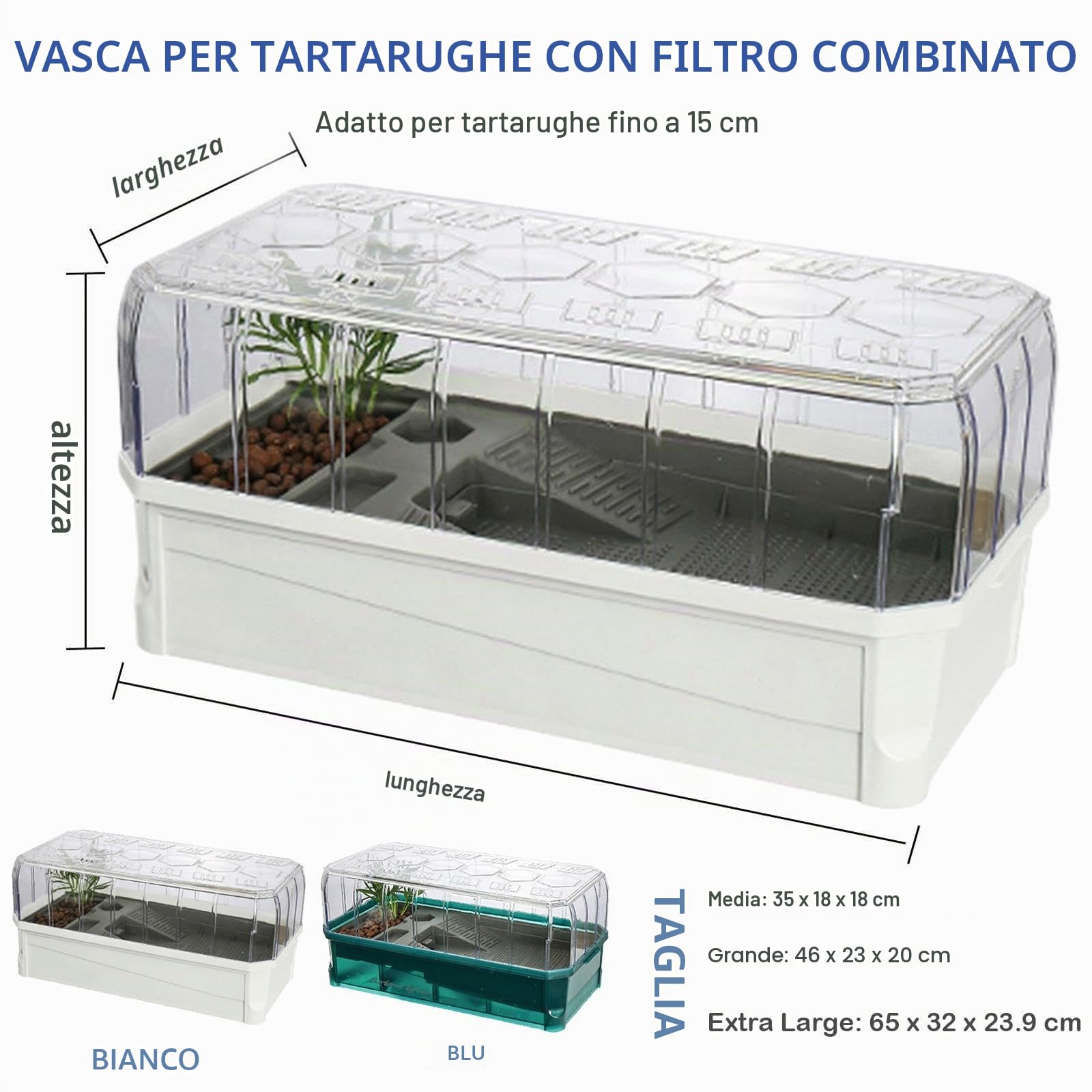 Tartarughiera per Tartarughe d'Acqua e di Terra | Terrario per Rettili con Filtrazione Multistrato e Acqua | Gabbia Teca con Copertura per Tartarughe di Terra | Kit Contenitore Plastica per Terrario(G