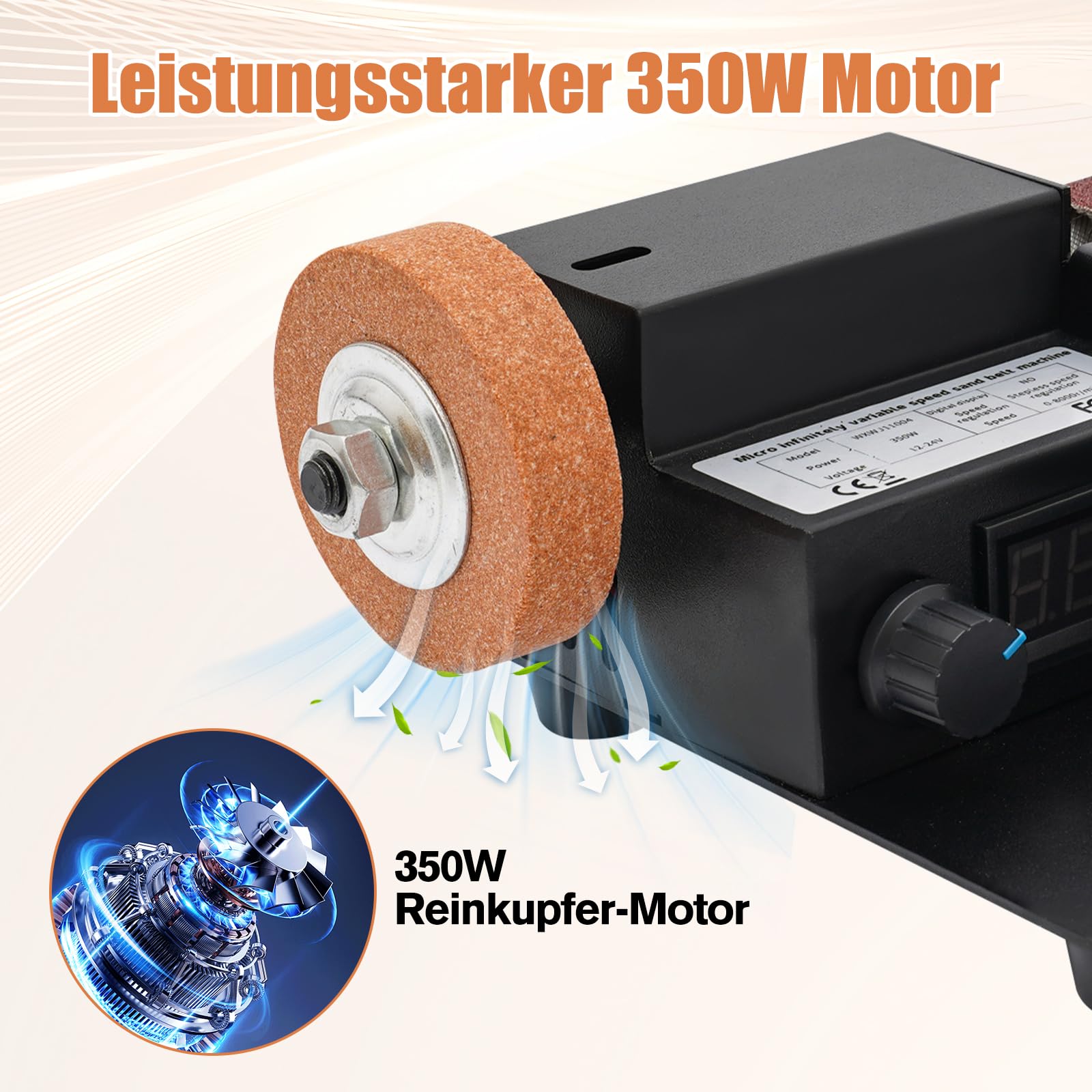 Elektryczna mini szlifierka taśmowa o mocy 350 W i 0-10 000 obr./min – profesjonalna szlifierka stołowa z 7 stopniami, w zestawie 10 taśm szlifierskich, koło polerskie i tarcza szlifierska do