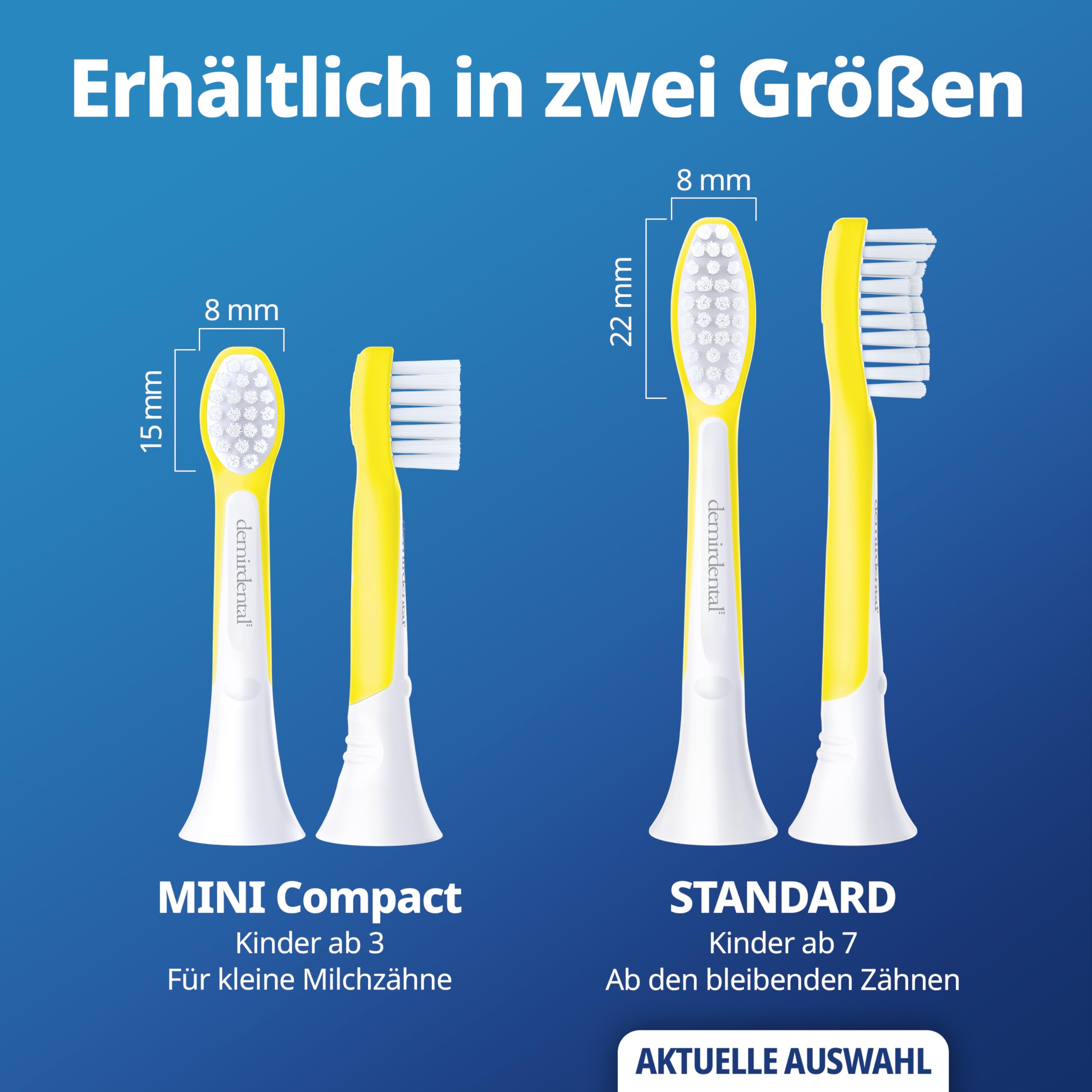 demirdental Główka szczoteczki do szczoteczki Philips Sonicare Kids dla dzieci, do pierwszych zębów stałych, dzieci w wieku 7-10 lat, zastępuje HX6048 HX6044, żółta, zestaw 8 szt