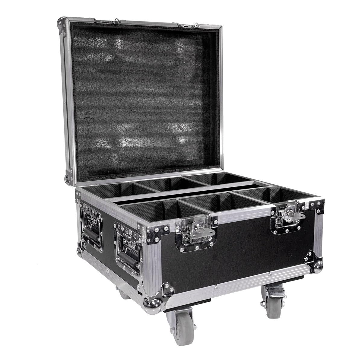 BoomToneDJ EZ-Box Flight Case Universale Nero 6 Scomparti con Rotelle. Valigia di trasporto professionale. 6 prese IEC integrate. Rinforzi angolari. Dimensioni con ruote: 51 x 47 x 38,5 cm.
