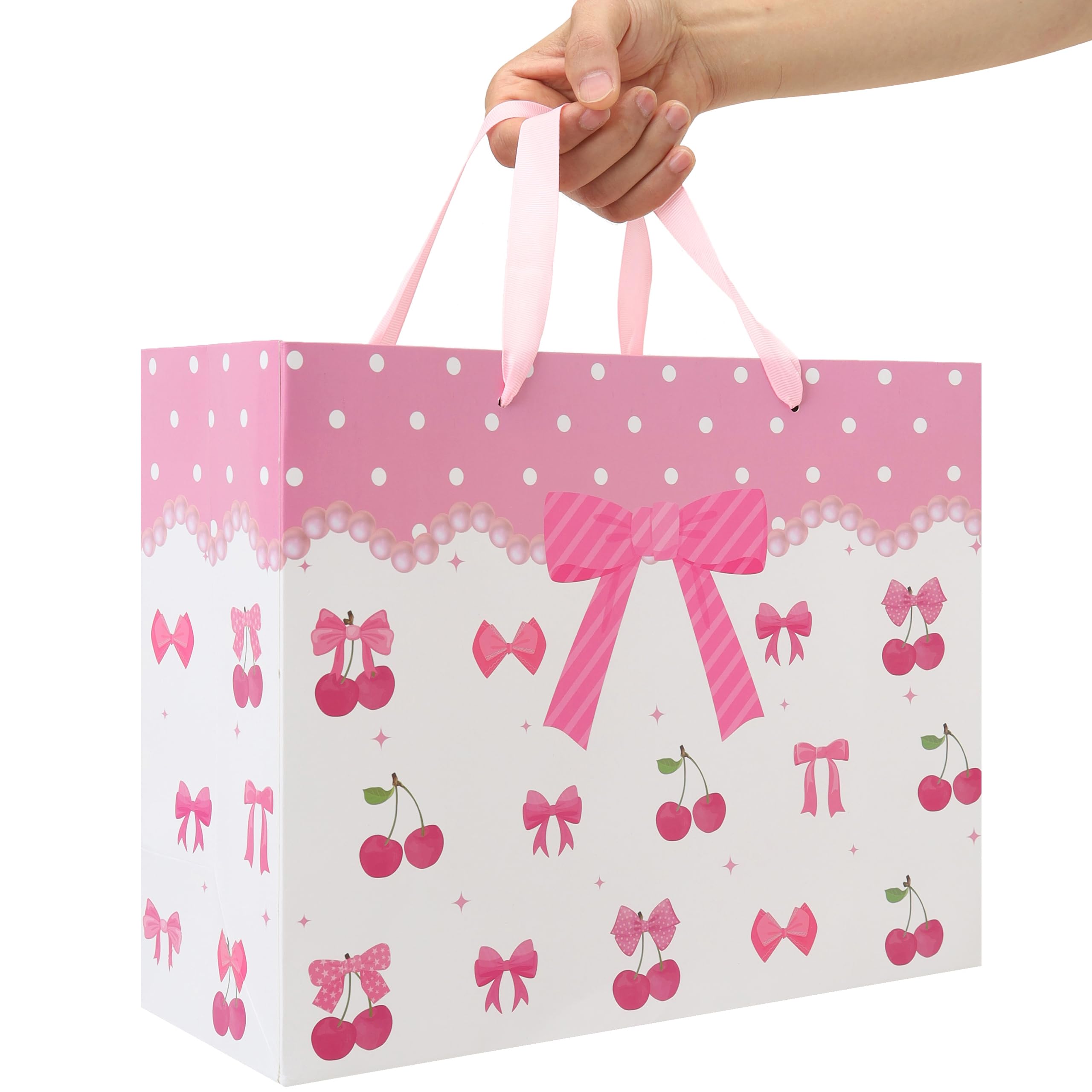 13'' Large Red Bow Gift Bag Set with Handles, Greeting Card, Pink Tissue Papers and Stickers for Women Girls for Birthday, Wedding, Bridal Shower, Baby Shower, Red Bow Design, 1 Pcs