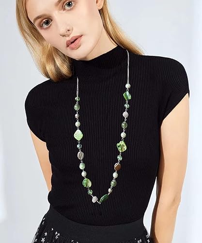 Miniatura 5 de FULU AUTUMN Collares largos de cuentas para mujer, collar de cadena de eslabones plateados con cuentas de cristal de concha, regalos de fiesta para