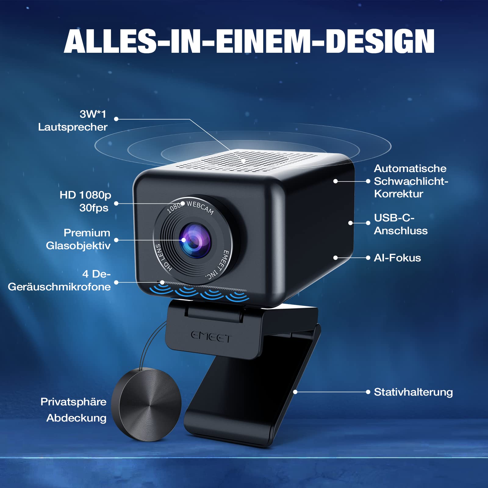 EMEET 1080P HD Webcam, Streaming Webcam mit 4 De-Noise Mikros, Smart KI Fokus & Low-Light Korrektur, einstellbare FOV, Privacy Cover, Plug&Play USB-C Webcam für YouTube, Gaming Twitch, PC/Mac-Jupiter