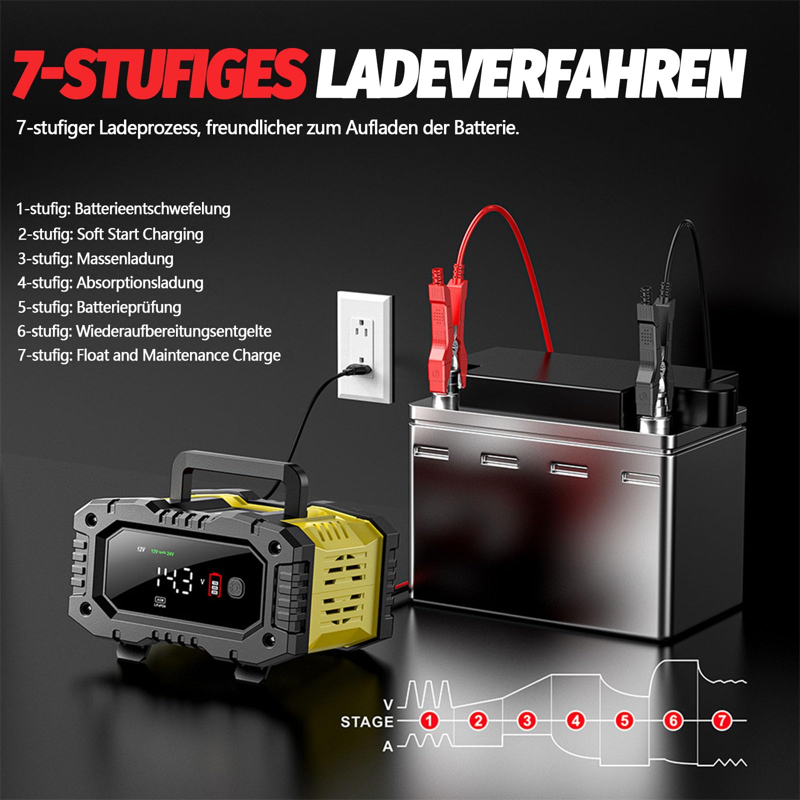 10 A ładowarka do akumulatora samochodowego 12 V/24 V, w pełni automatyczna ładowarka LiFePO4, ładowarka naprawcza, ładowanie impulsowe, odsiarczanie, prąd ładowania 1,5/5/10 A, ładowanie