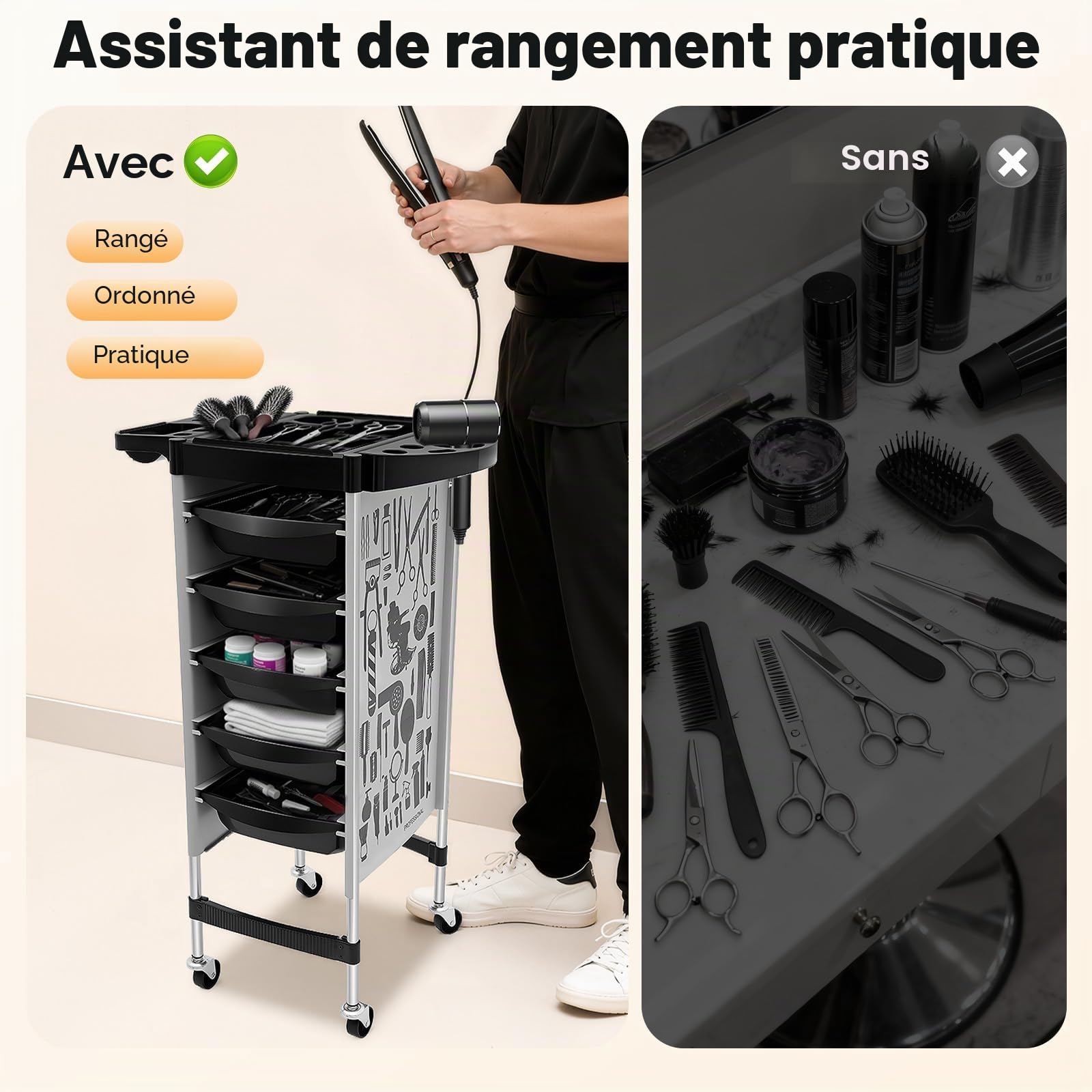 Chariot de salon avec 5 tiroirs et roulettes, chariot de salon pour styliste, coiffeur, SPA, jusqu'à 20 kg par tiroir, blanc
