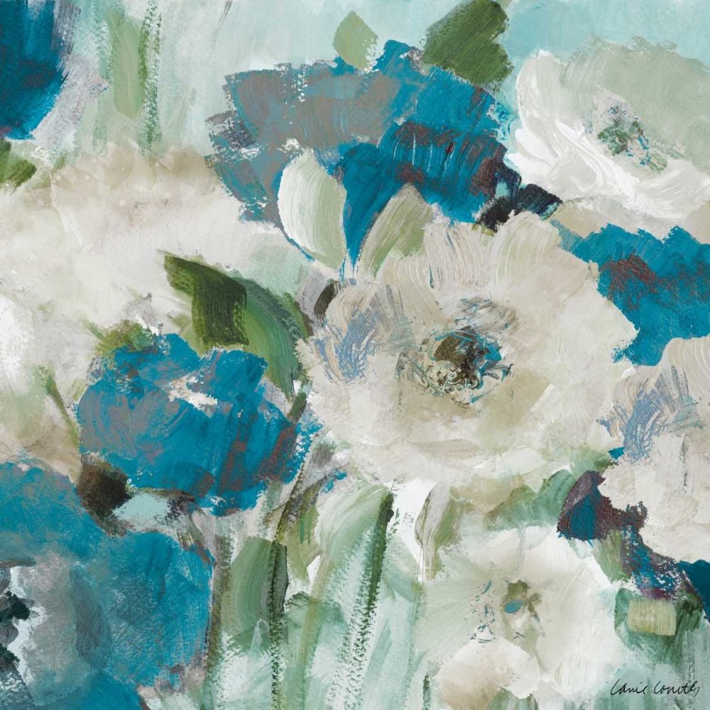 ART-CANVAS-estirado-en-BARRAS DE MADERA Indigo Power Square III Loreth Lanie - Imagen cuadrada floral índigo flores de poder floral azul verde hojas tallo Fine art prin 24_X_24_in
