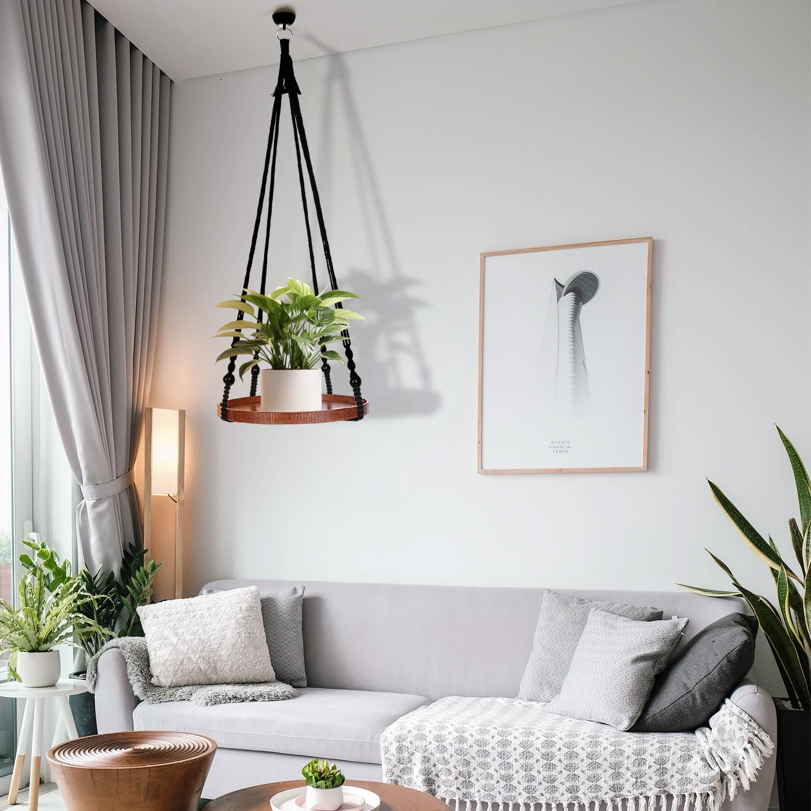 E-Know Lot de 2 supports de plantes en macramé pour plantes d'intérieur à suspendre – Support décoratif pour pot de fleurs – Cintres en coton faits à la main avec plateau en bois