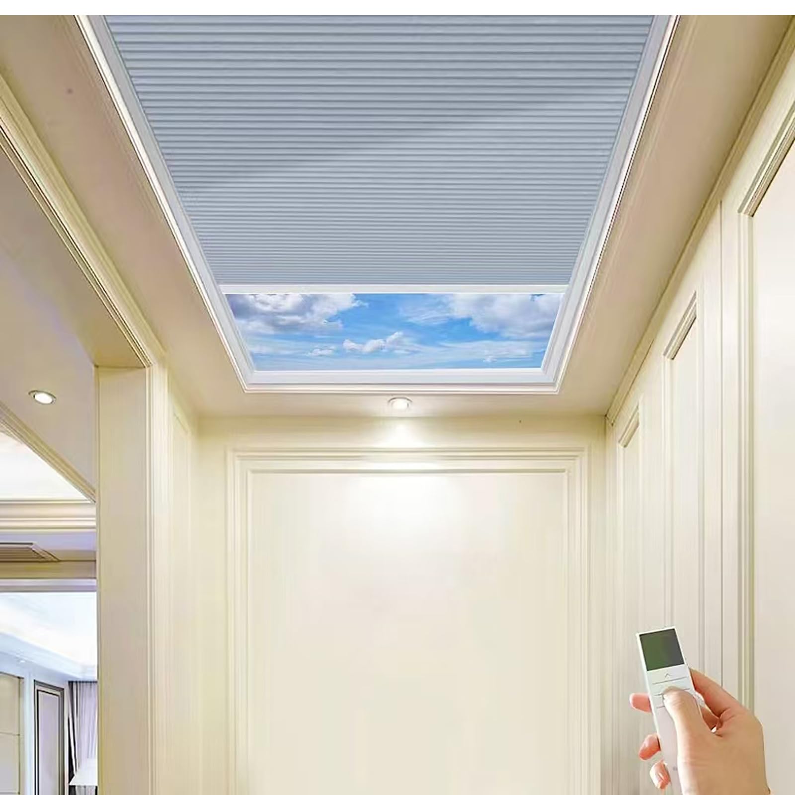 TIPIACE New Upgrade Rechargeable Motorized Skylight Blinds Half Blackout Fabric Cellular Honeycomb Shades Suitable for Roof Inclined Plane Room Windows (Grey 93020E)