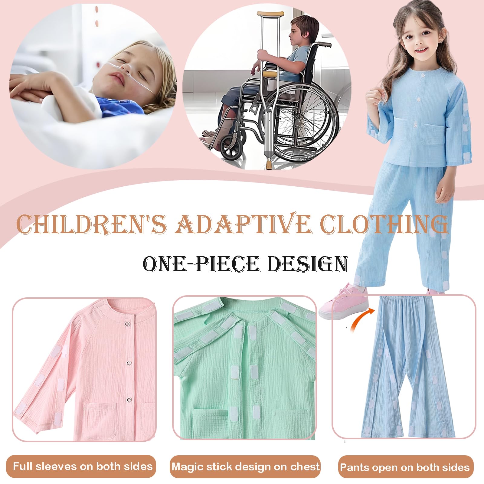 AUSTYLCO Children Bedridden Patient Clothing Cotton Magic Stick Full Opening Post-operative Set Suitable for Bedridden and Mobility-impaired Blue