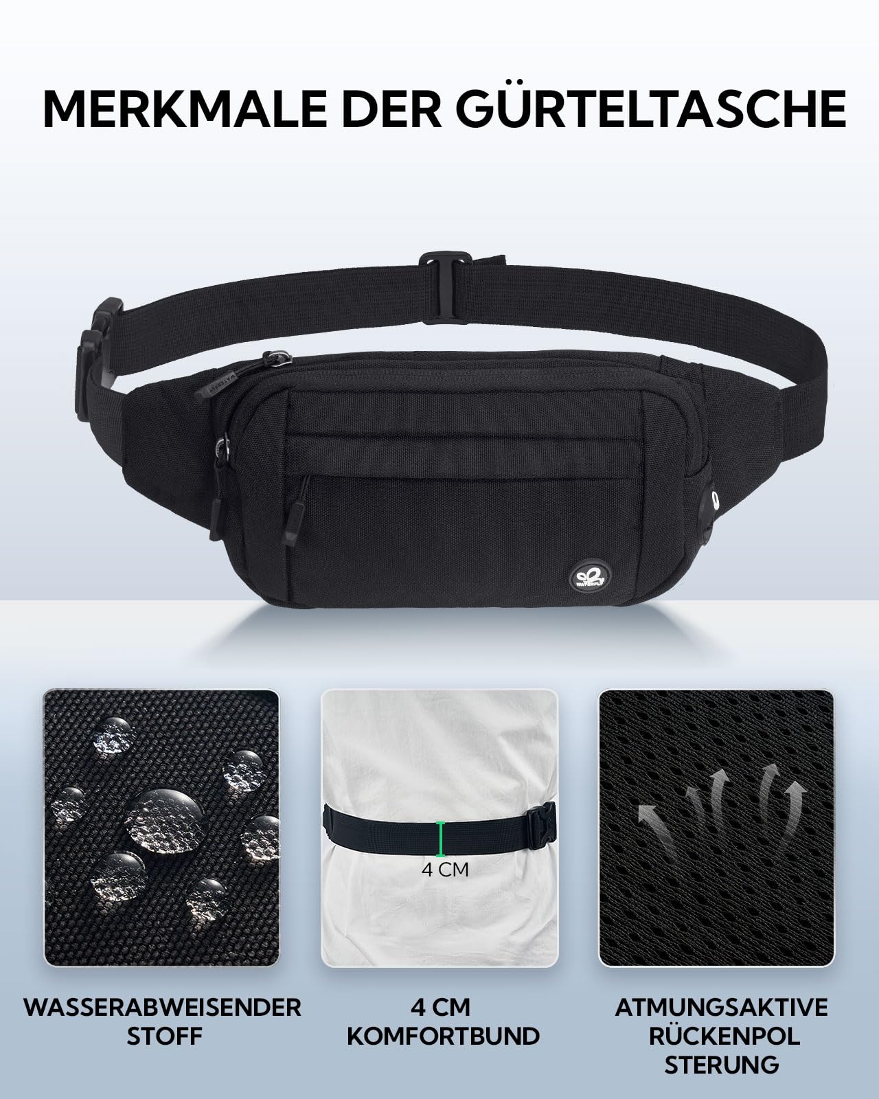 WATERFLY saszetka na brzuch, torebka na biodro dla mężczyzn i kobiet: mała torebka na pas sportowa Bum Hip Bag dla mężczyzn i kobiet z paskiem wydłużającym do podróży, wędrówek, treningu psów na