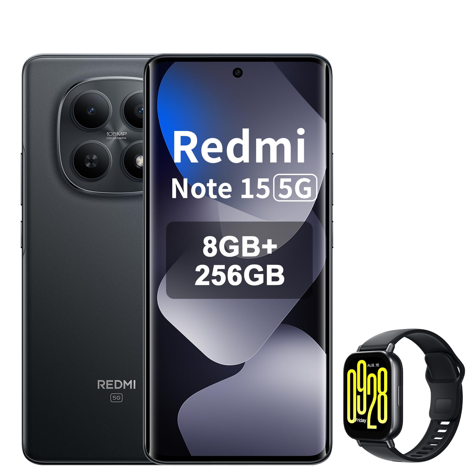 XIAOMI Redmi Note 15 5G - Smartphone con 8+256 GB, display AMOLED FHD+ da 6,77", Snapdragon 6 Gen 3, fotocamera da 108 MP, batteria da 5520 mAh, nero, incluso Smart Watch
