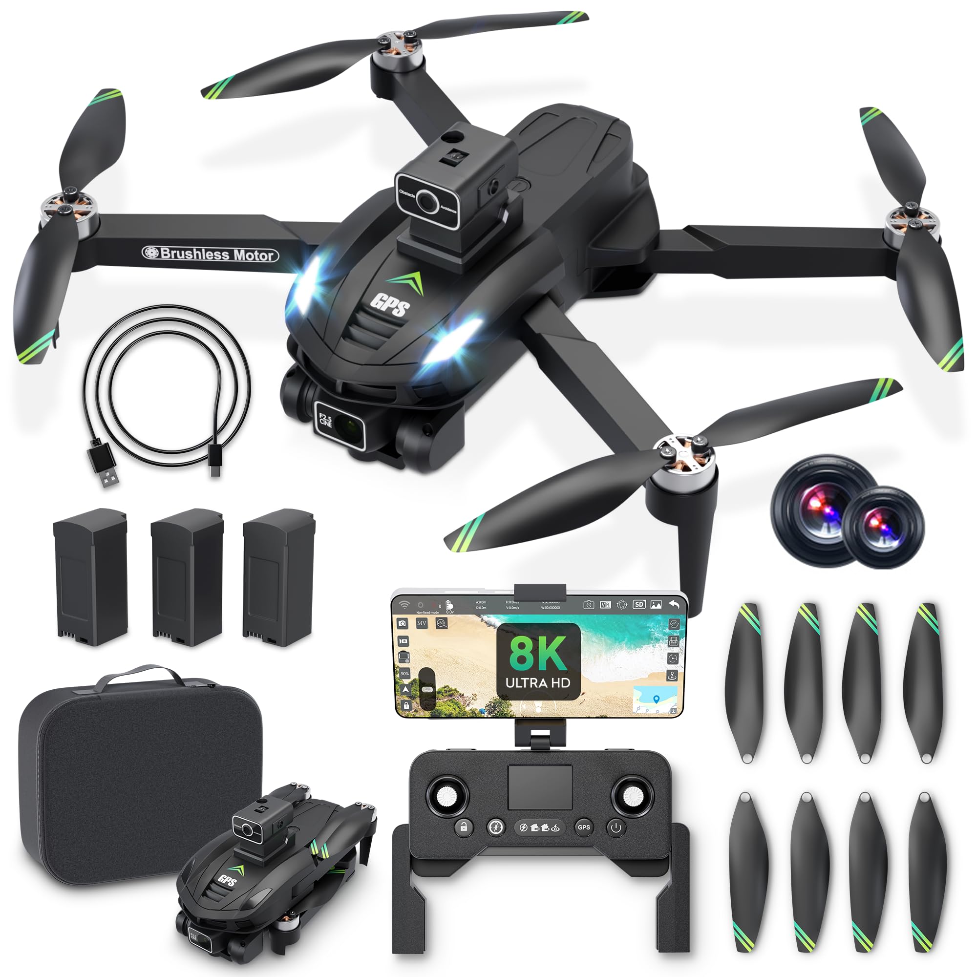 Camera Drones for Adults - V168 5G HD Brushless GPS Drone with Camera, 3 Batteries, Auto Return, Follow Me Mode, Obstacle Avoidance - Drones for Adults 14+ 1640ft Range FPV