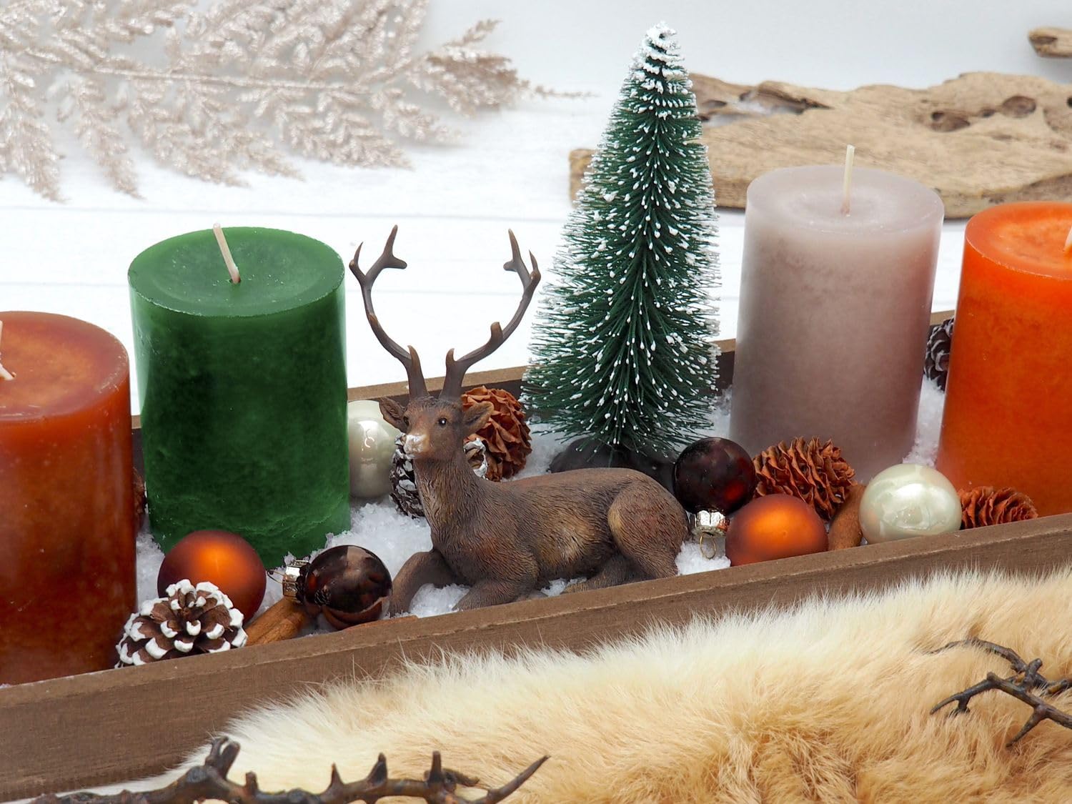 ZauberDeko Tablett Braun Adventsgesteck Hirsch Orange Kerzen Tannenbaum Weihnachten Deko 40cm
