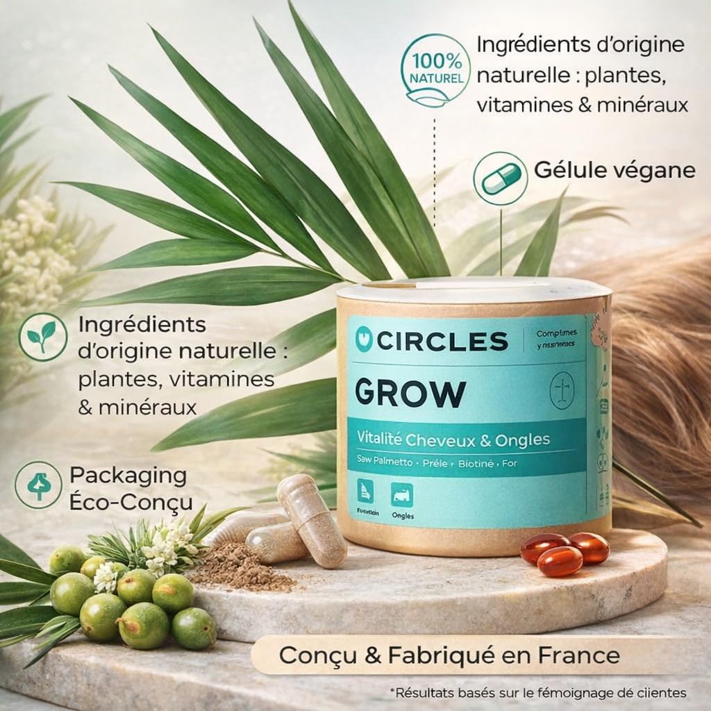Circles GROW Integratore Capelli e Unghie Donna Biotina Selenio Ferro Serenoa Repens Equiseto Silice Vitamine B3 B5 B6, Senza Zuccheri Aggiunti, 30 Capsule Vegan Made in France