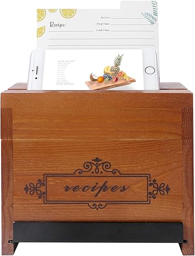 Miniatura 8 de WELLAND Wood Recipe Box with 4 x 6 Inches Cards, Phone Slot on the Top, Pull-out iPad Holder Stand, Card Dividers with Tap