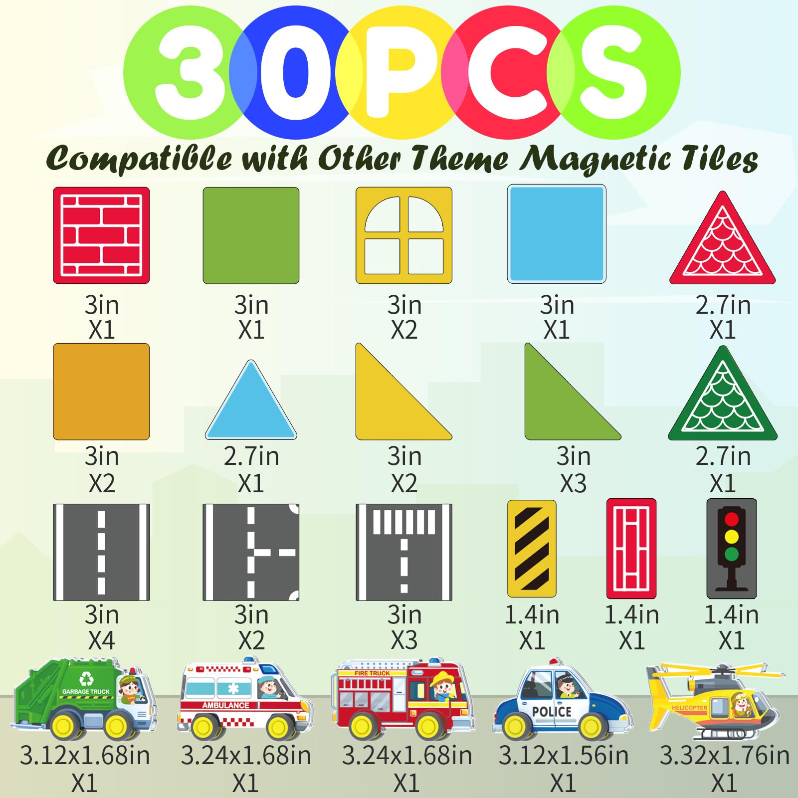 Oriate City Car Magnetic Tiles, Rolling City Vehicles with Magnetic Blocks Road Set - Image 3