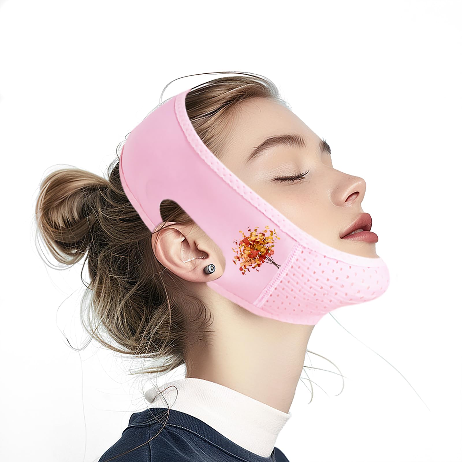 Chin Strap for Sleeping V Line Lifting Mask Reusable Face Strap Jaw Exerciser Pink-Eucalyptus Leaves-A