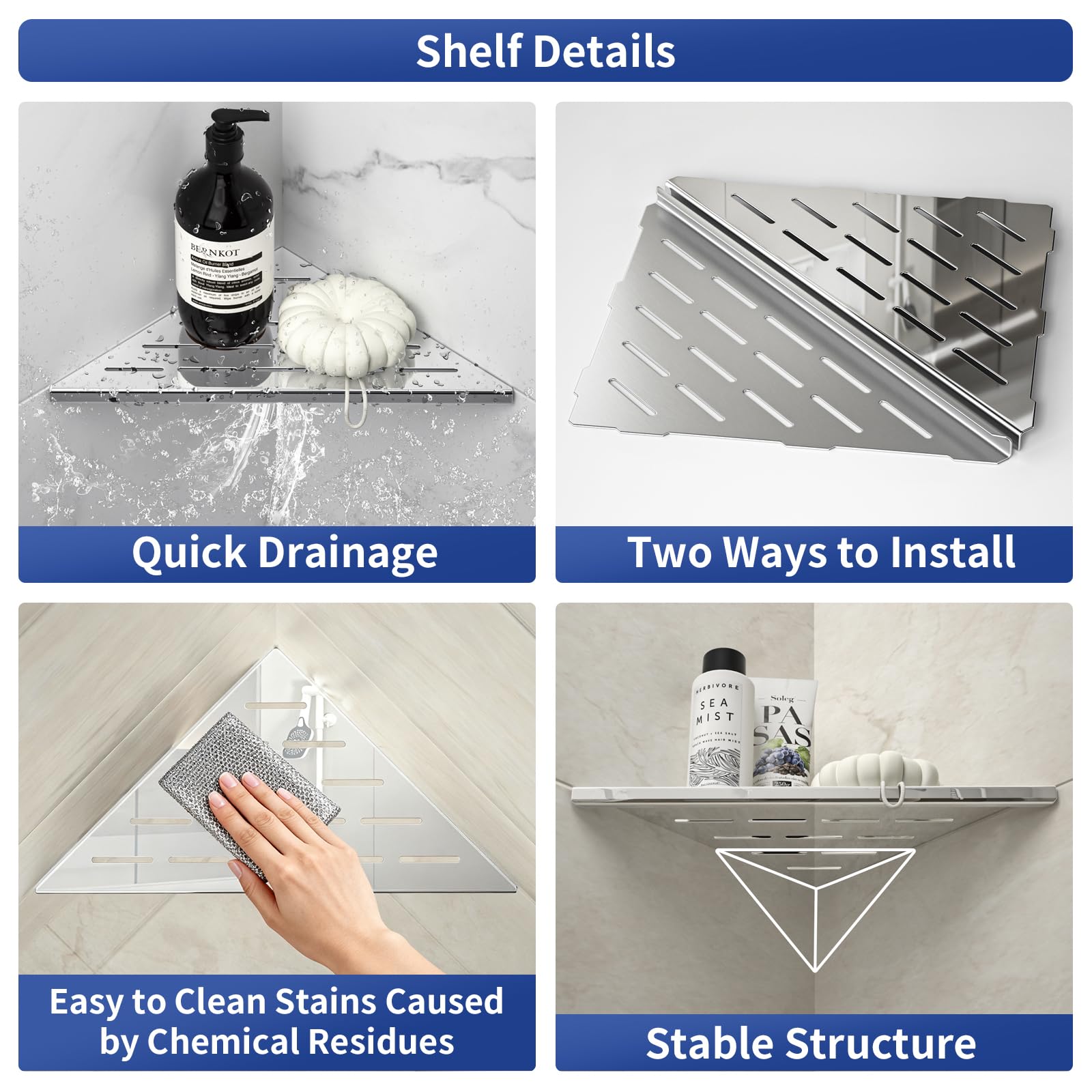 Estante de Ducha esquinero de Acero Inoxidable 304 Pulido de 10 Pulgadas con diseño de Ranura, estantes de baño para Pared de Azulejos, sin Necesidad de taladrar, Paquete de 2
