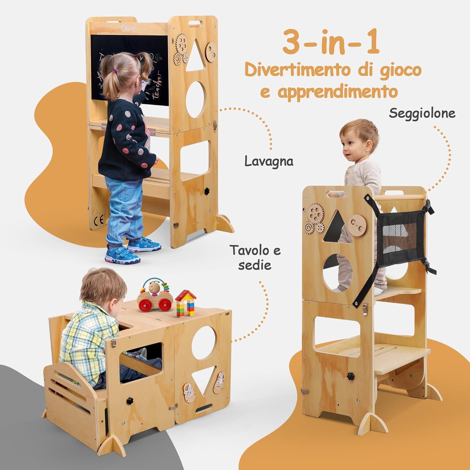 Olvy Kids 3 in 1 Montessori - Torre di apprendimento pieghevole - Scaletta in legno - 3 gradini - Torre da cucina per bambini - Torre di apprendimento in piedi a partire da 1 anno - Scala per bambini
