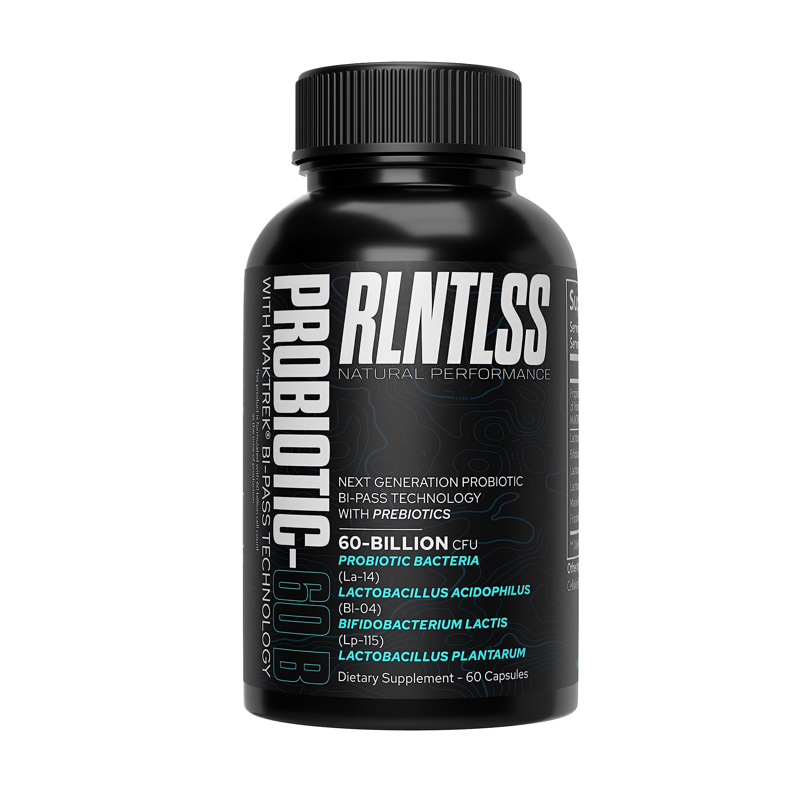 RLNTLSS - Probiotic 60 Billion CFU - 4 Strain Blend - Premium Supplement - Men and Women - Shelf Stable Probiotic Capsule - Probiotic and Prebiotic - (60 Count Bottle)