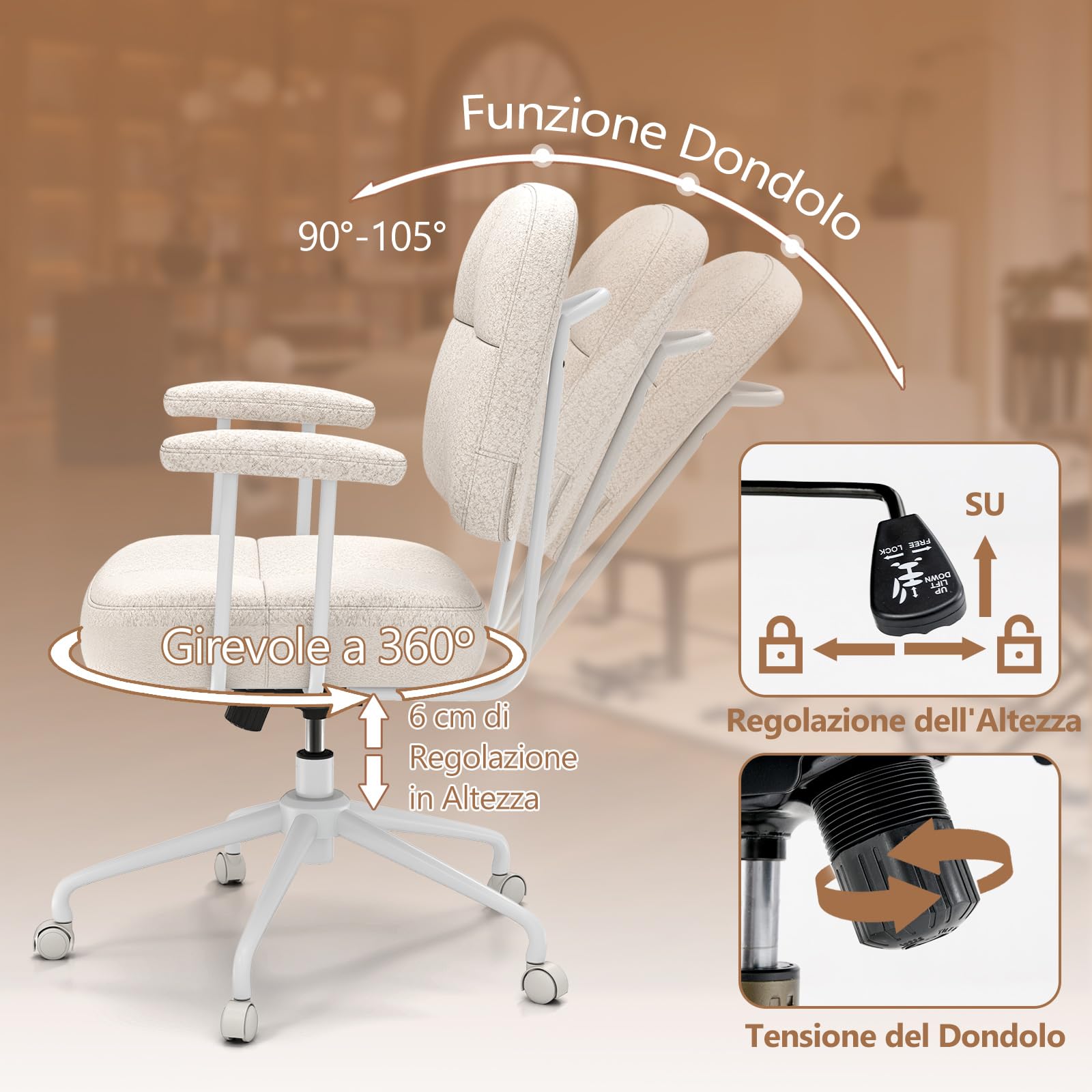 COSTWAY Sedia da Ufficio, con Schienale e Braccioli, Sedia Girevole Regolabile con Funzione a Dondolo e Ruote per Camera da Letto, Studio, Portata 150 kg (Bianco)