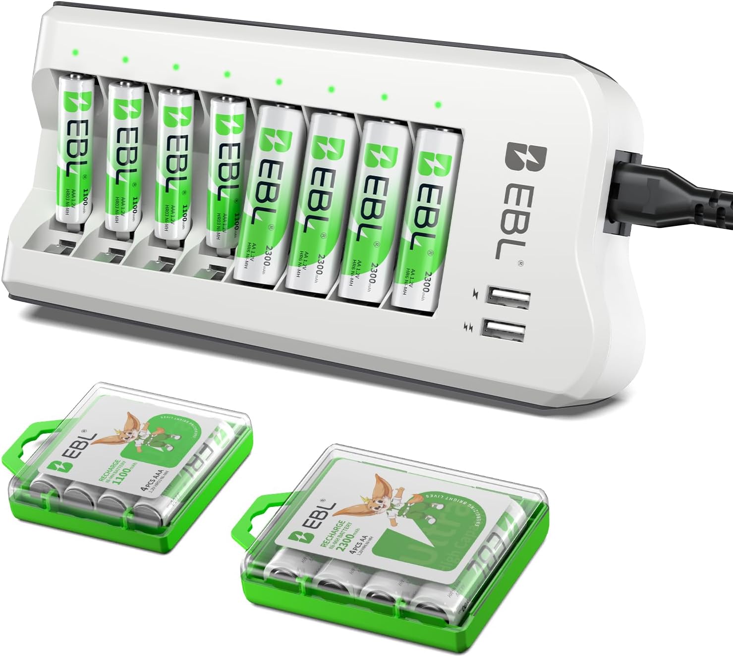EBL AA 2300mAh (8 Pack) and AAA 1100mAh (8 Pack) Ni-MH Rechargeable Batteries and AA AAA Rechargeable Battery Charger with 2 USB Charging Ports