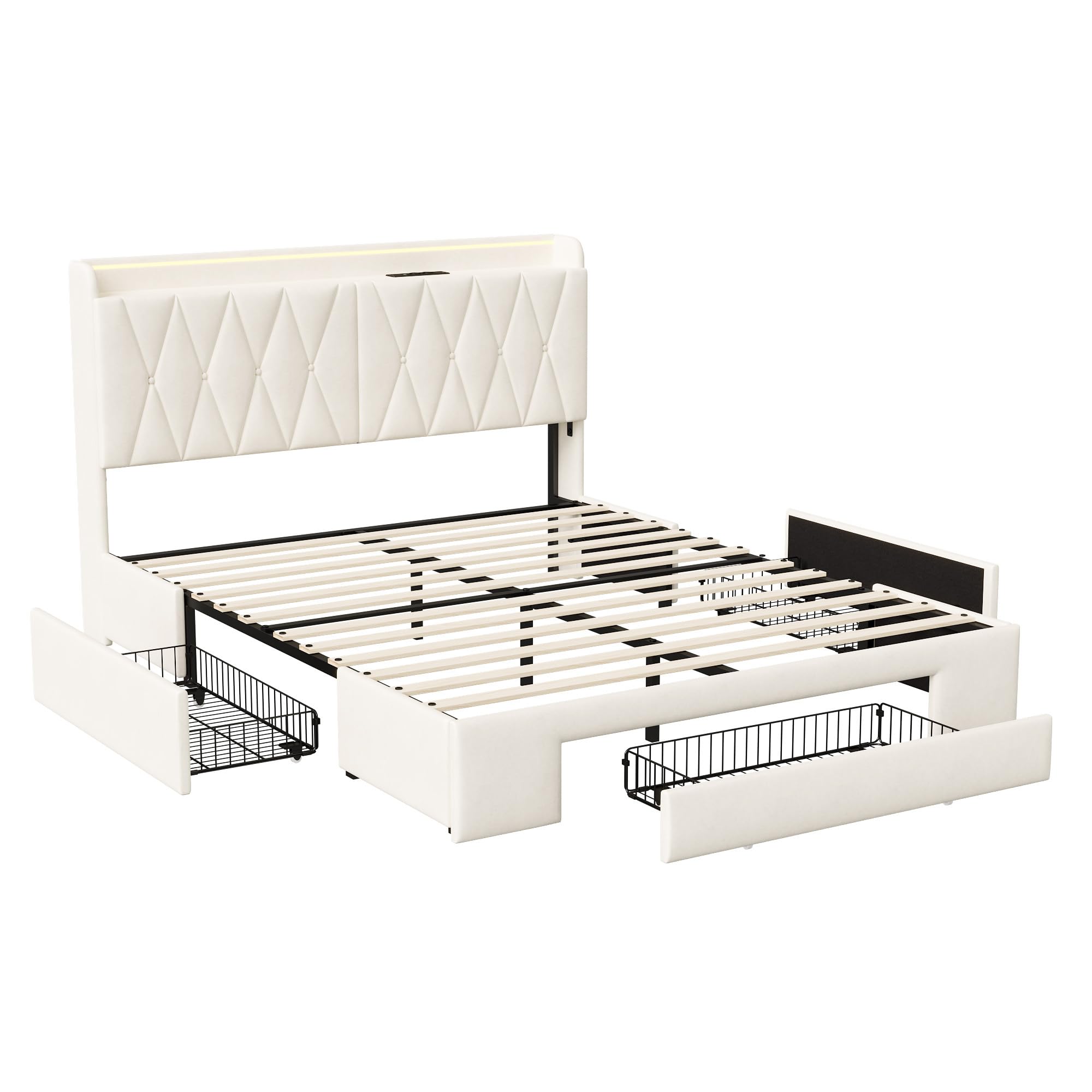 Letto imbottito 160 x 200 cm con LED, letto matrimoniale con 3 cassetti e rete a doghe, testiera con vano portaoggetti e funzione di ricarica USB, letto funzionale per ragazzi, in velluto