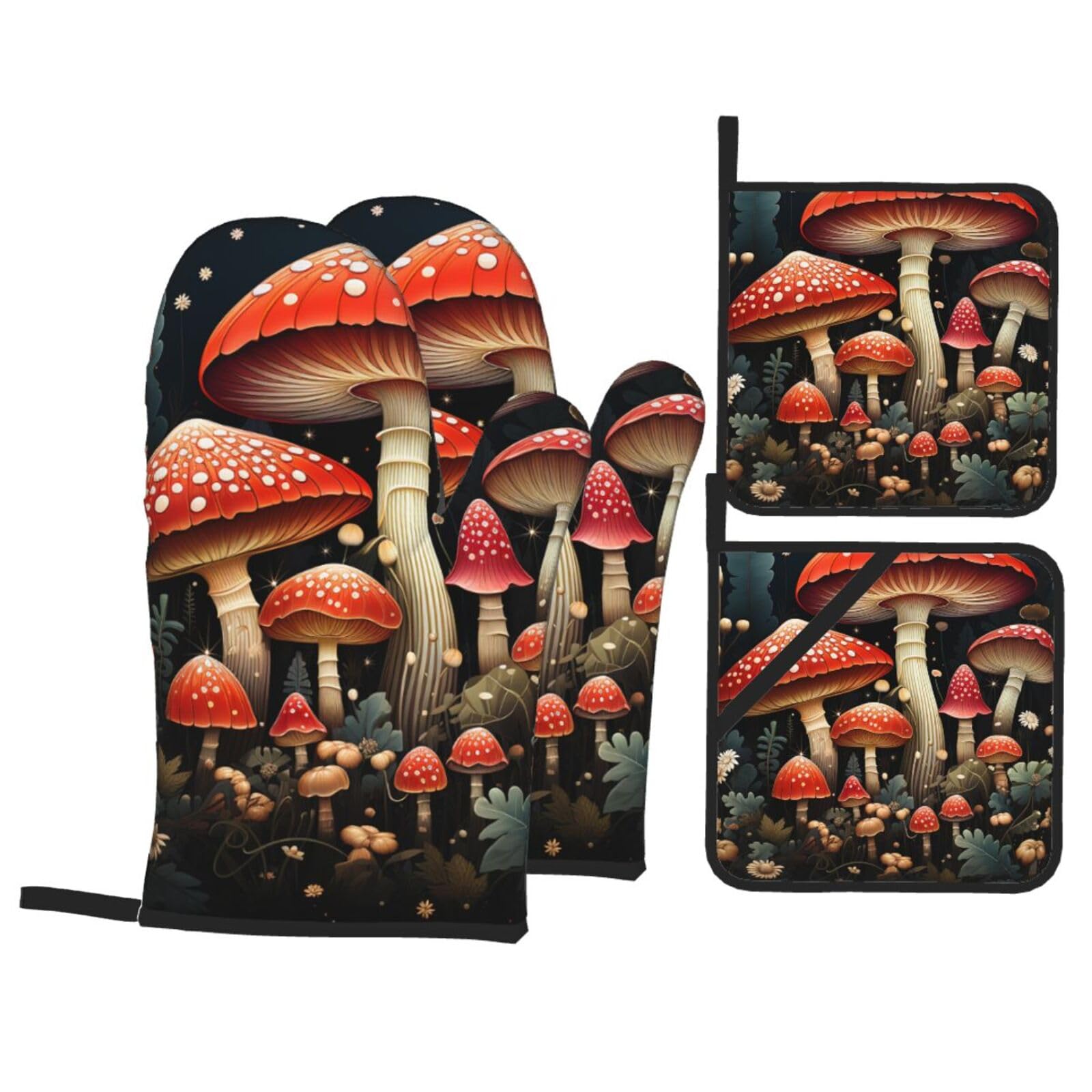 Oven Mitts and Pot Holders Set of 4 Heat Resistant Non-Slip Kitchen Gloves Hot Pads Red Mushrooms Oven Mitts Kitchen Mittens Gloves Non-Slip Potholders for Cooking Baking Grilling BBQ