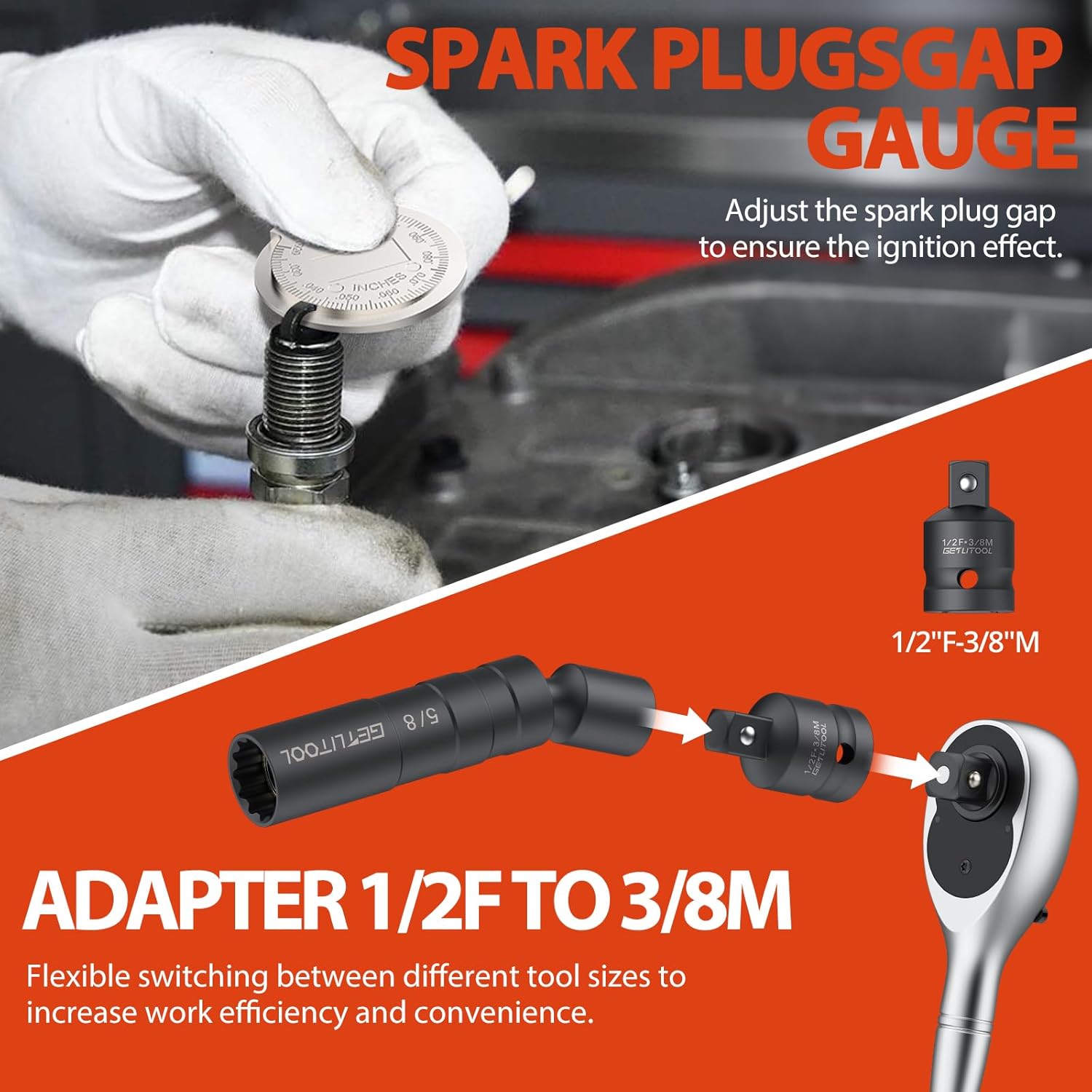 GETLITOOL 6PCS 3/8-Inch Drive Magnetic Swivel Spark Plug Socket Set, CR-V Spark Plug Socket with Size-marked for Repairing Car, 12 Point, Include 9/16-Inch, 5/8-Inch, 13/16-Inch, 14mm Socket